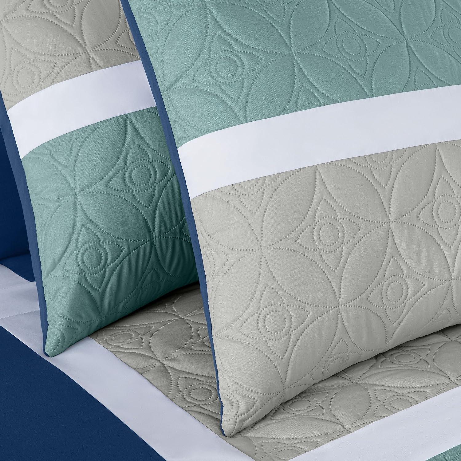 Chezmoi Collection Bernard 7-Piece King Bed in a Bag Comforter Set with Sheets, Lightweight Comforter Navy Blue Gray Patchwork Quilted Medallion Bedding Set for All Season