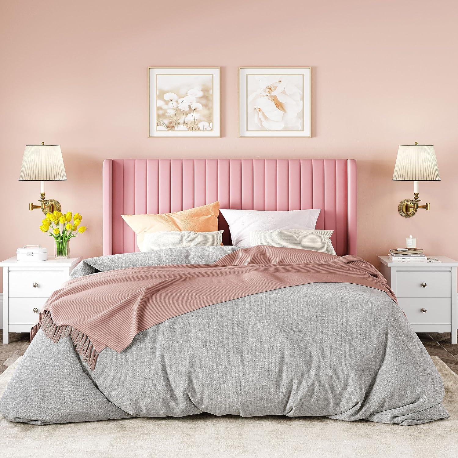 Candler Velvet Upholstered Platform Bed with Wingback Headboard and Wooden Slats