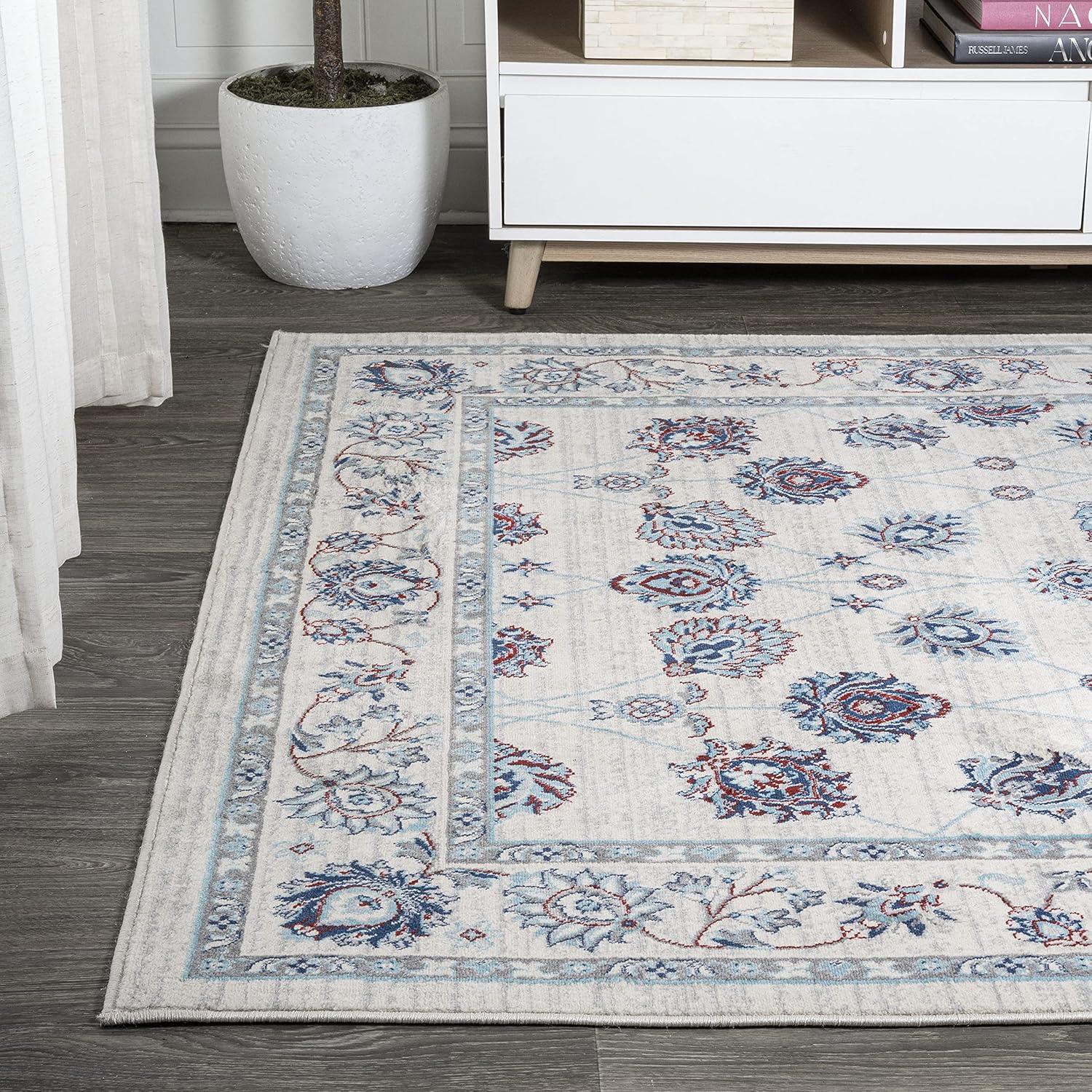 4' X 6' Modern Persian Vintage Moroccan Traditional Area Rug, Ivory/Blue/Red - JONATHAN Y