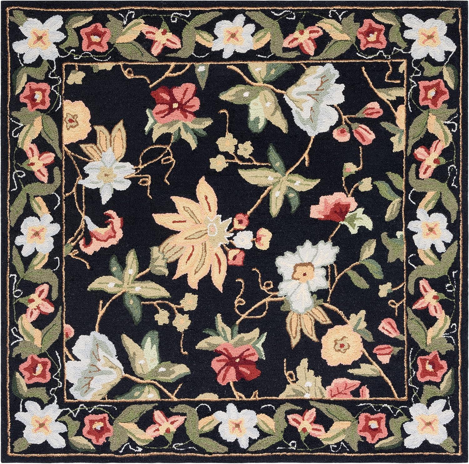 Elegant Noir Floral 7' Square Tufted Wool Area Rug