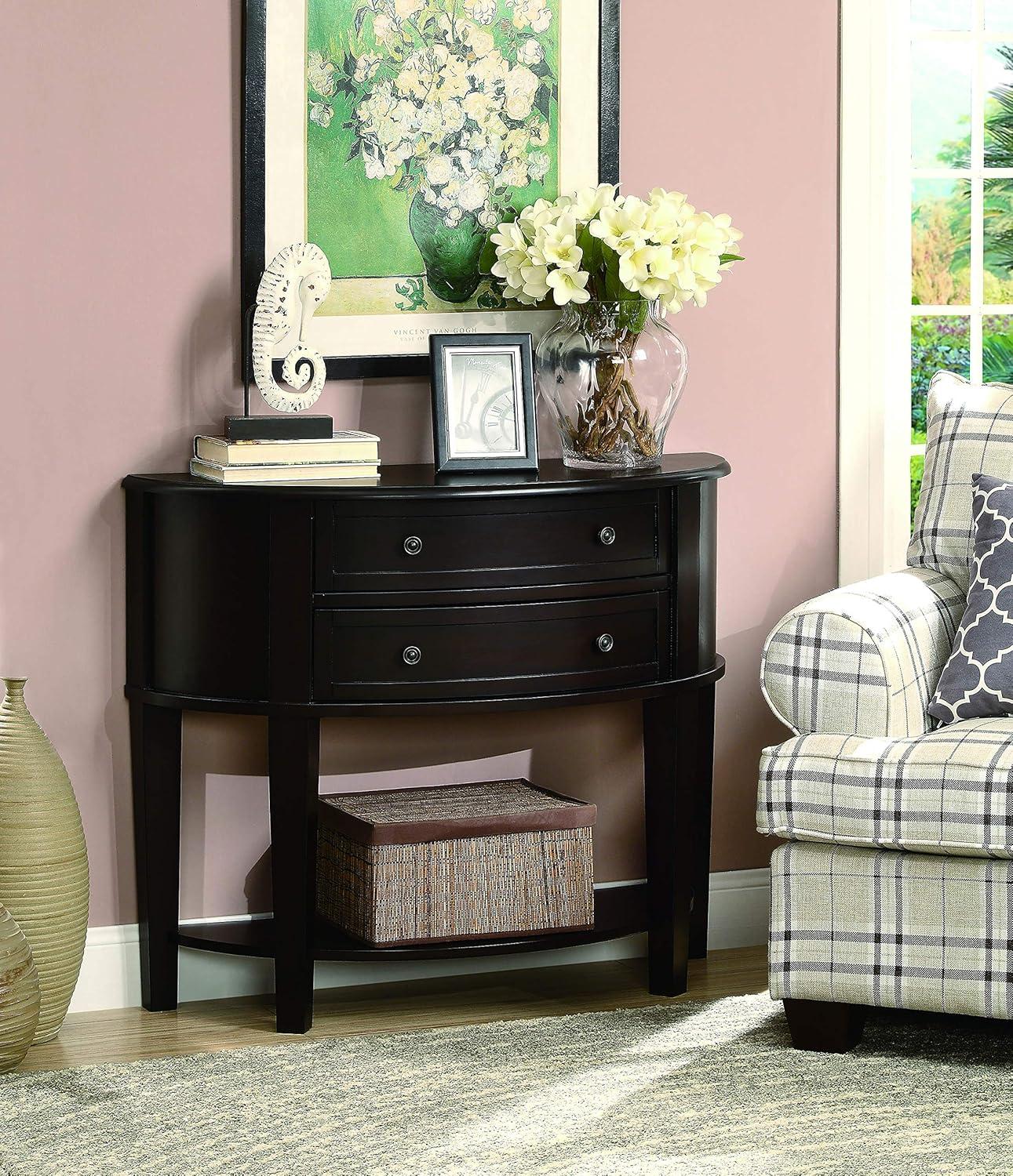 Transitional Brown Wood Demilune Console Table with Storage