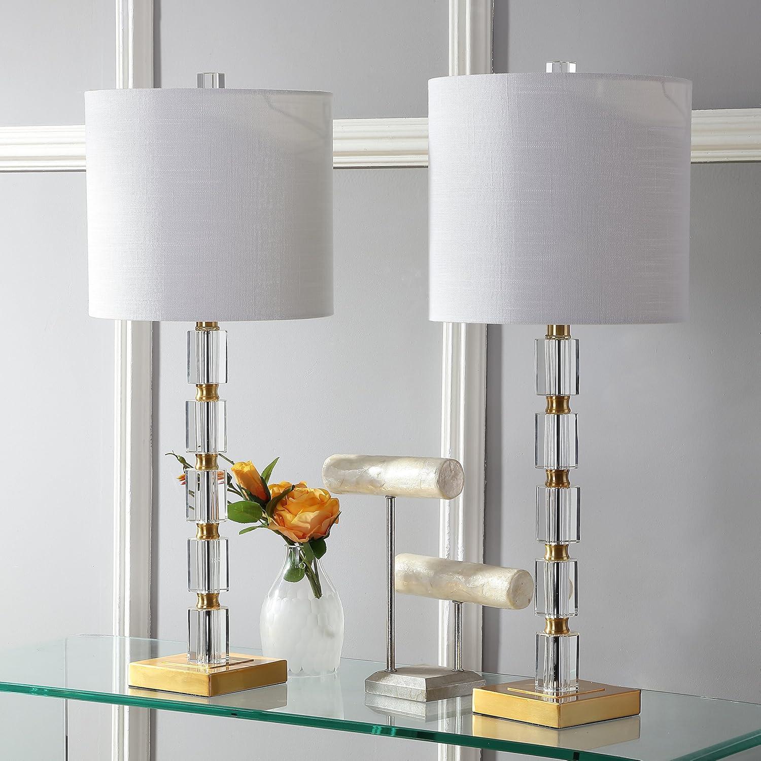 Elegant White Linen Shade Crystal LED Table Lamp Set, 28.5" Height