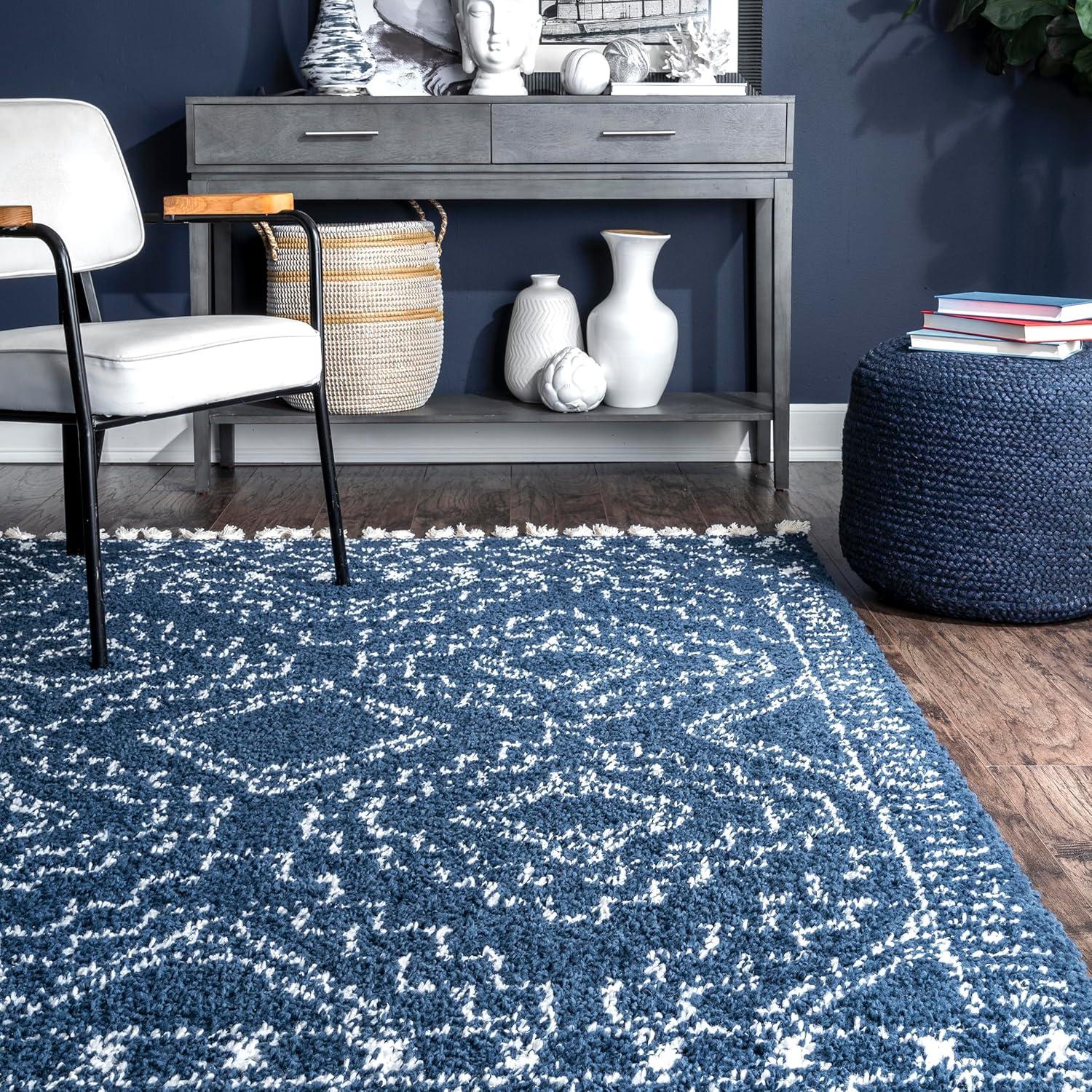 Braided Blue Synthetic 79" Reversible Shag Area Rug