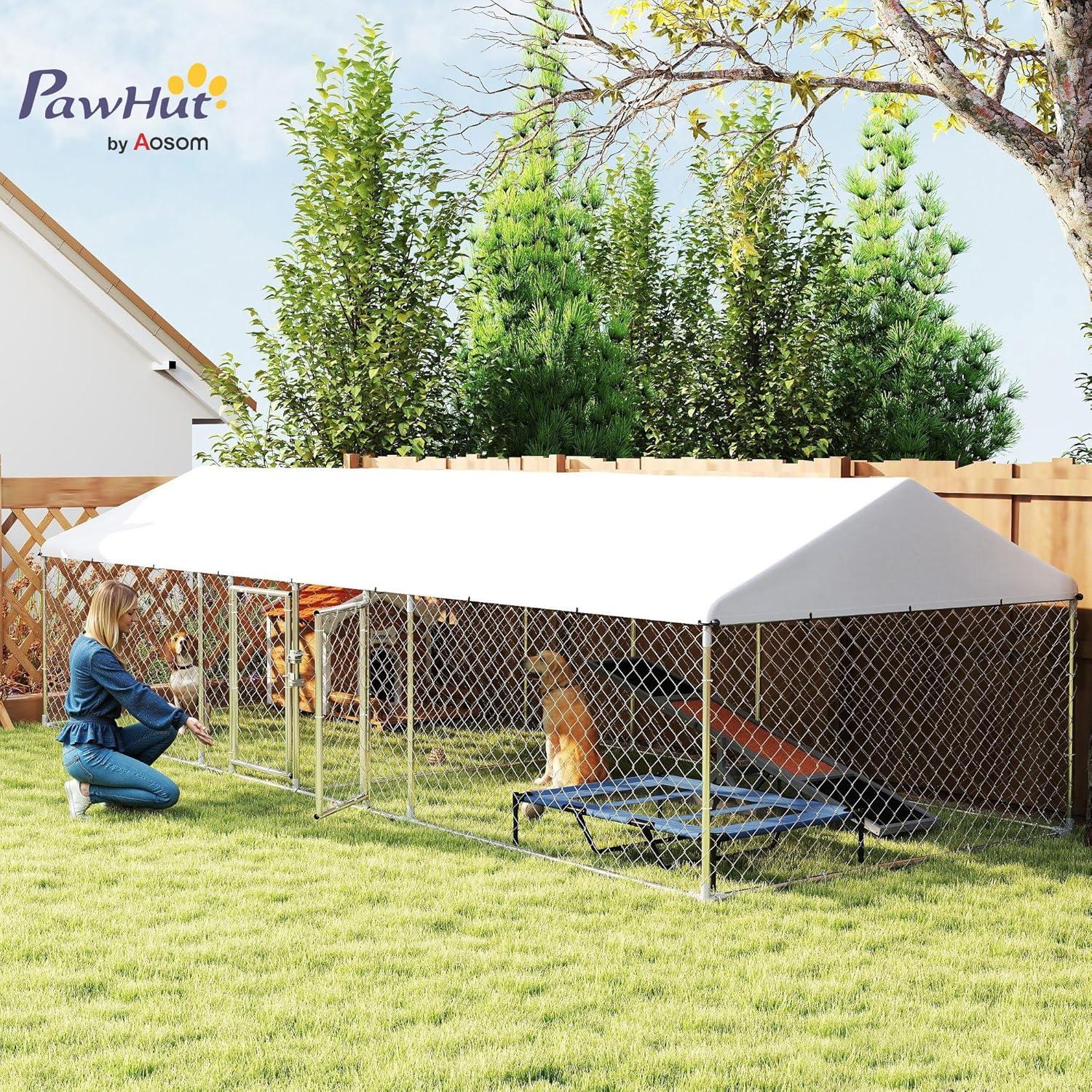 Pawhut Two Room Outdoor Dog Kennel with Roof, 19.7' x 7.5' x 5.2' Dog Kennel Outside Heavy Duty Pet Enclosure Run Fence with Waterproof UV-Resistant Cover, Secure Lock, for Small to Large Breeds