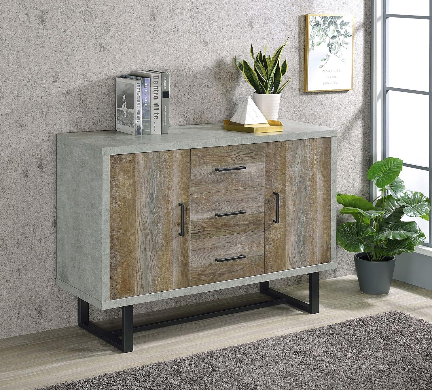 Gray and Weathered Oak 3-Drawer Accent Cabinet with Adjustable Shelving