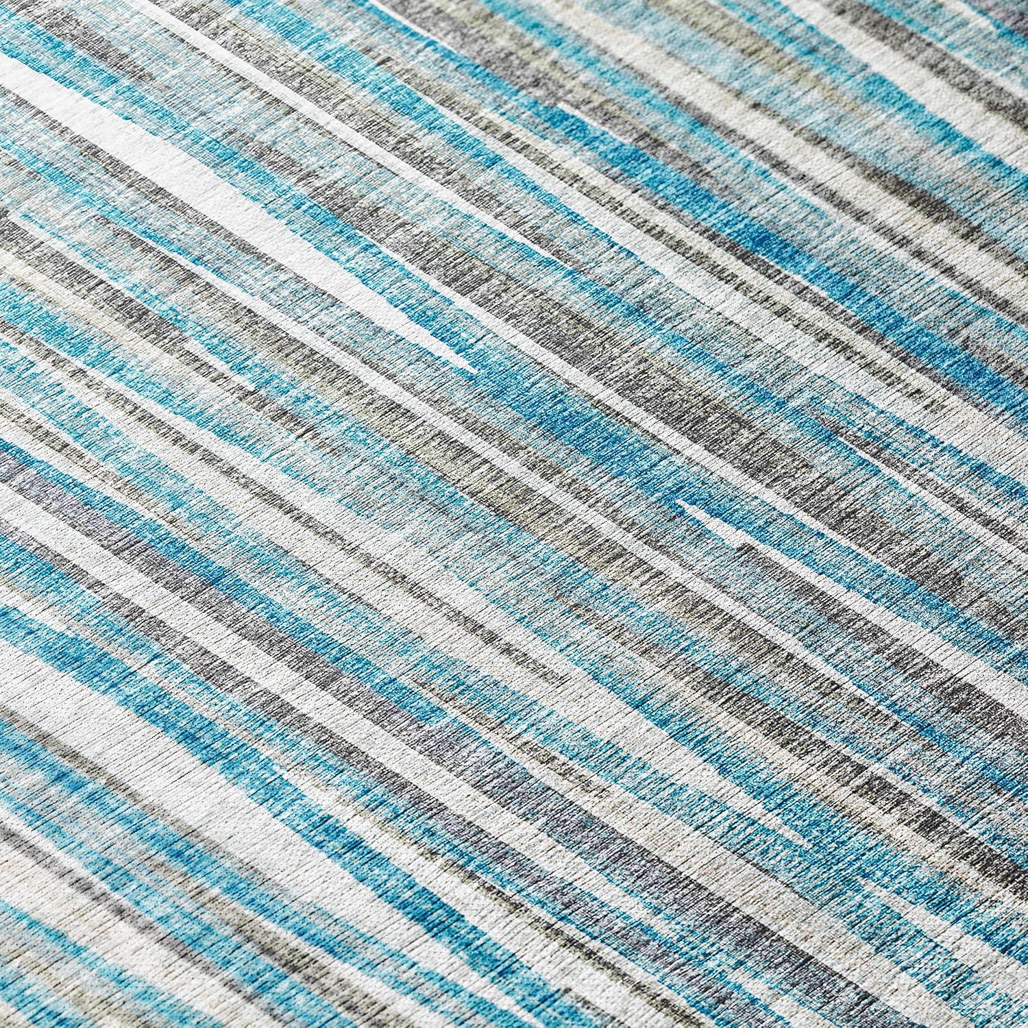 Blue and Gray Striped Chenille Washable Area Rug 5' x 7'