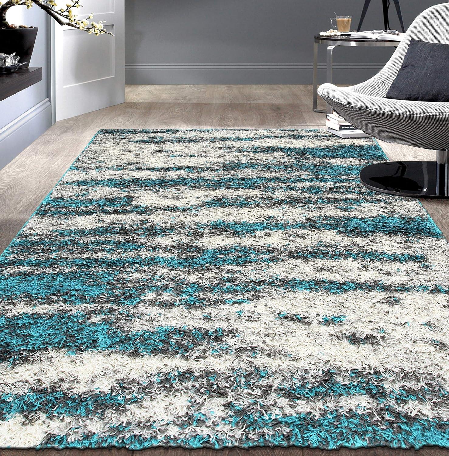 World Rug Gallery Modern Abstract Design Plush Shag Area Rug - Turquoise 5' x 7'