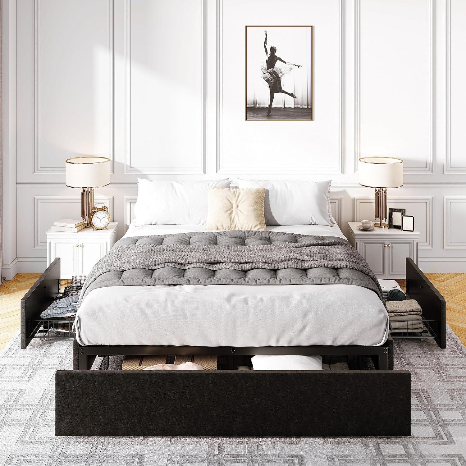 Modern Black Faux Leather Queen Bed Frame with Storage Drawers
