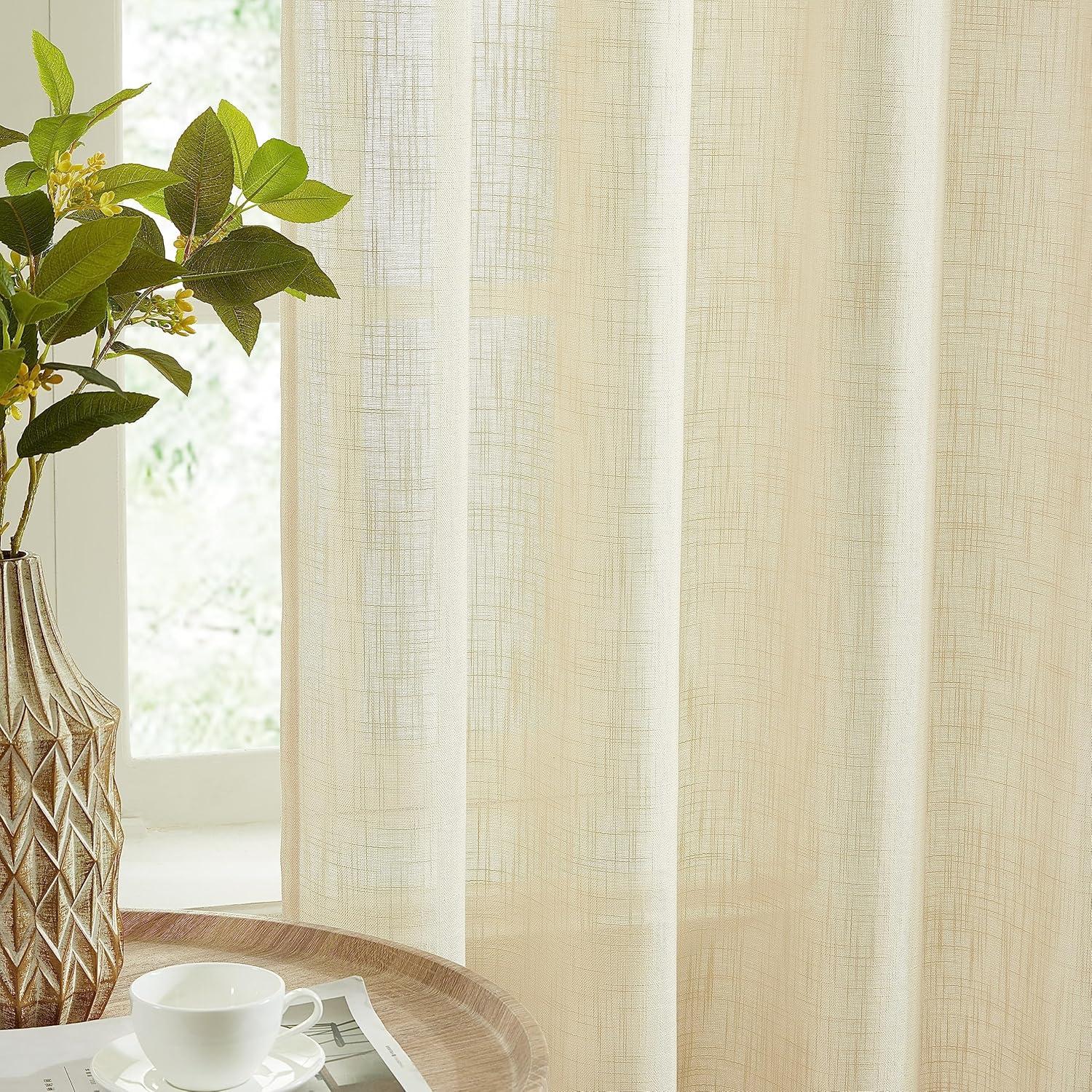 HLC.ME Linda Faux Linen Textured Semi Sheer Privacy Sun Light Filtering Window Rod Pocket Thick Curtains Panels, Set of 2 - Beige, 54 W x 72 L