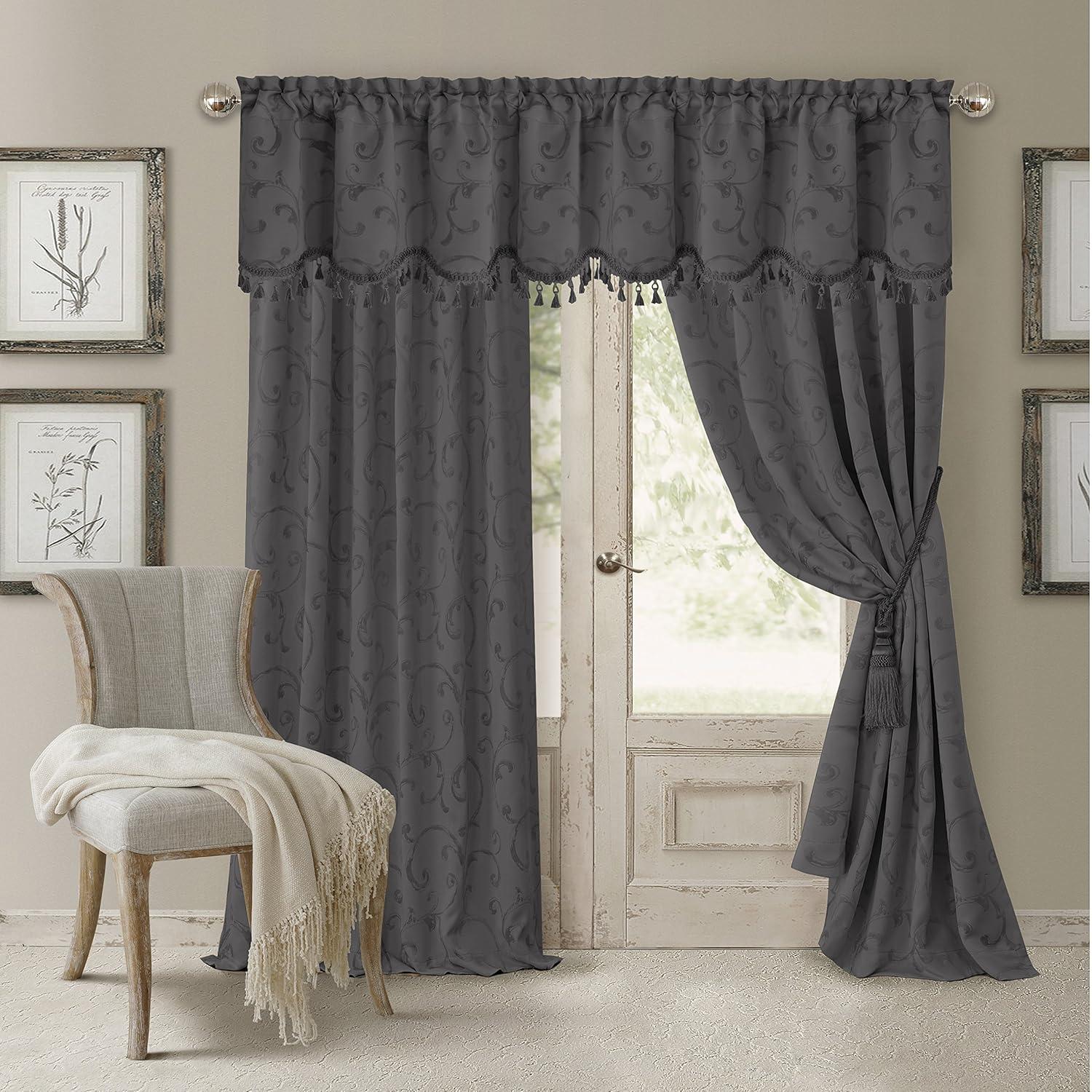 Mia Jacquard Scroll Blackout Window Curtain Panel - 52" x 84" - Gray - Elrene Home Fashions