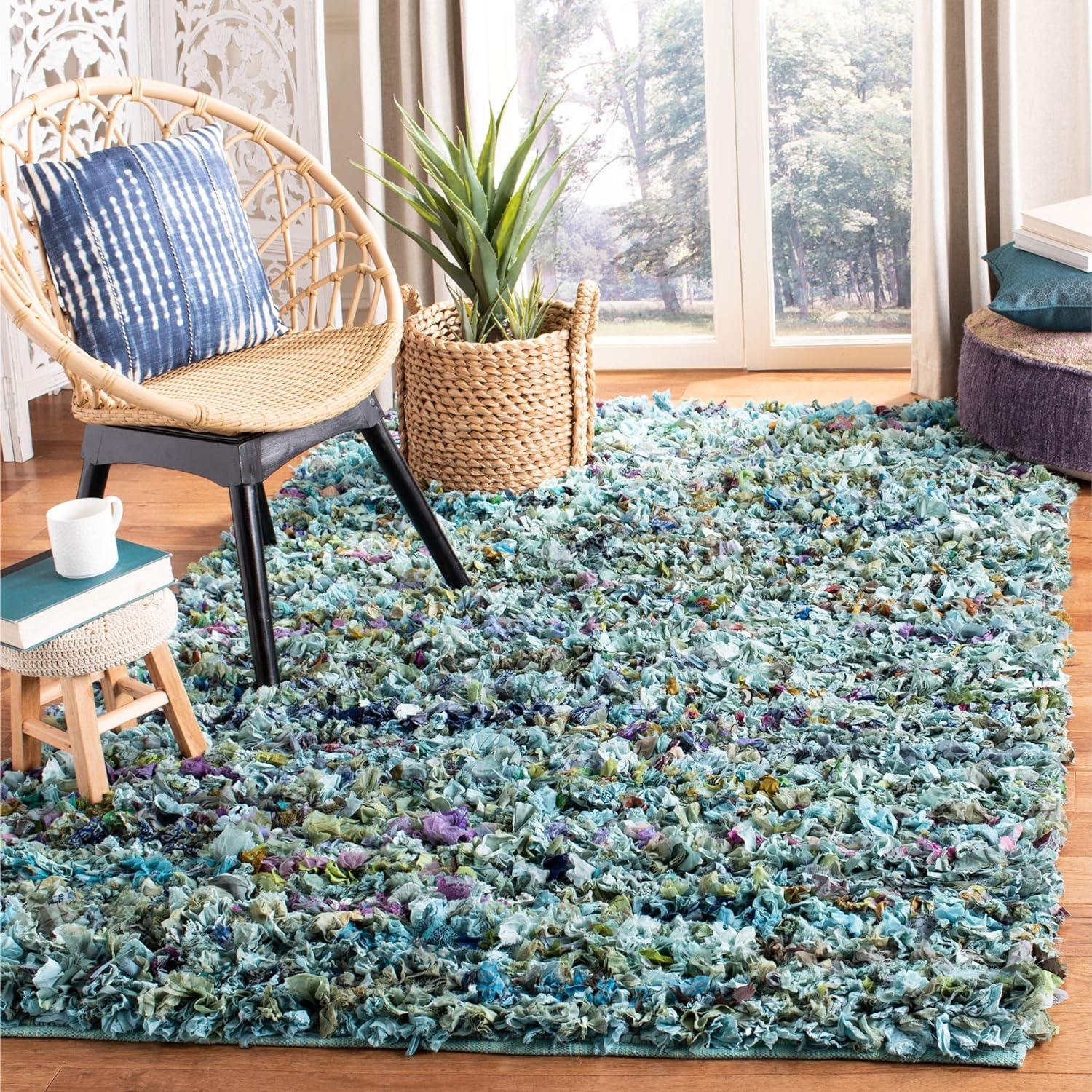 Rio Shag 6' Square Blue and Multicolor Handmade Area Rug