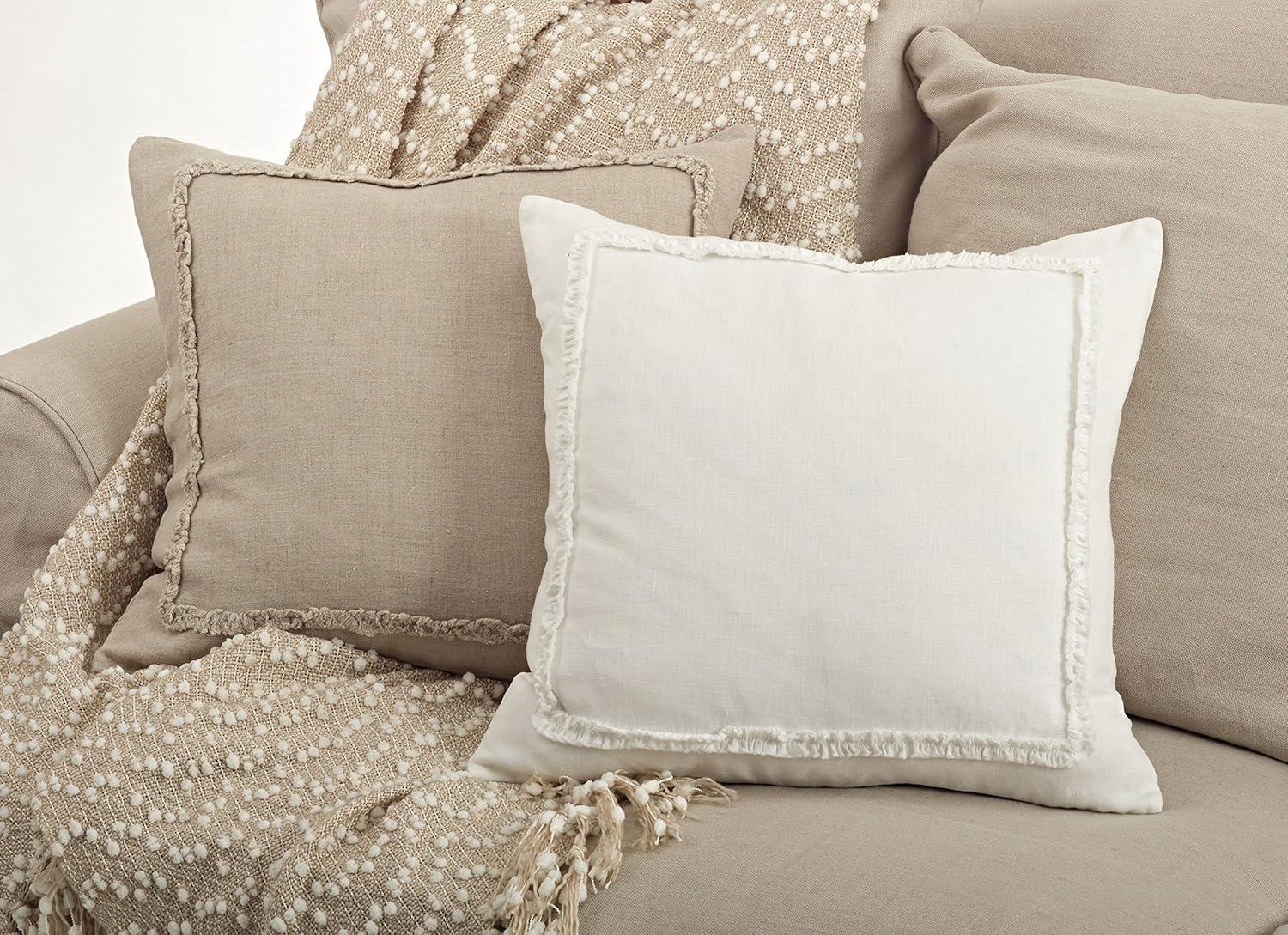 20"x20" Oversize Ruffled Design Square Throw Pillow Ivory - Saro Lifestyle: Linen Fabric, Duck Feather Filled, Zippered