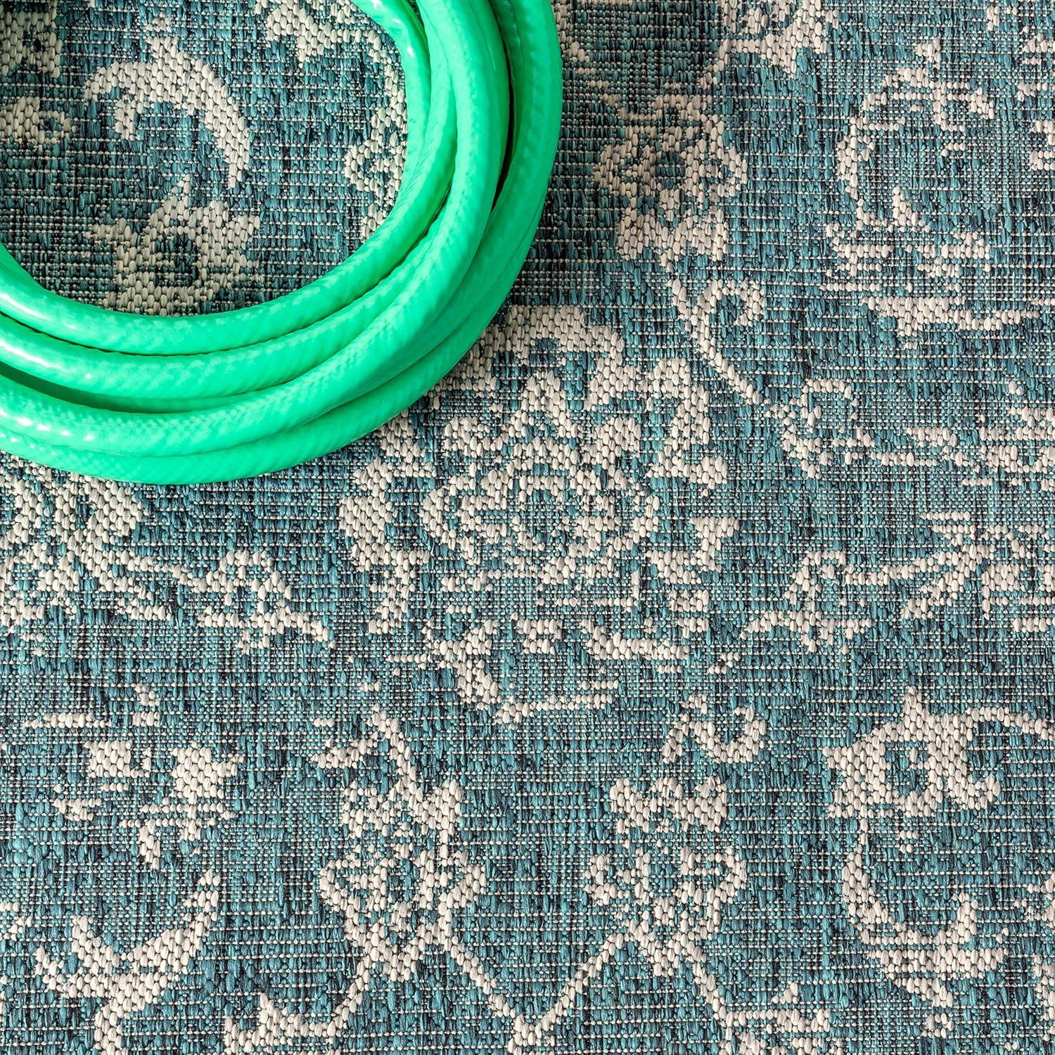 5'x8' Tela Bohemian Textured Weave Floral Indoor/Outdoor Area Rug, Teal/Gray - JONATHAN Y