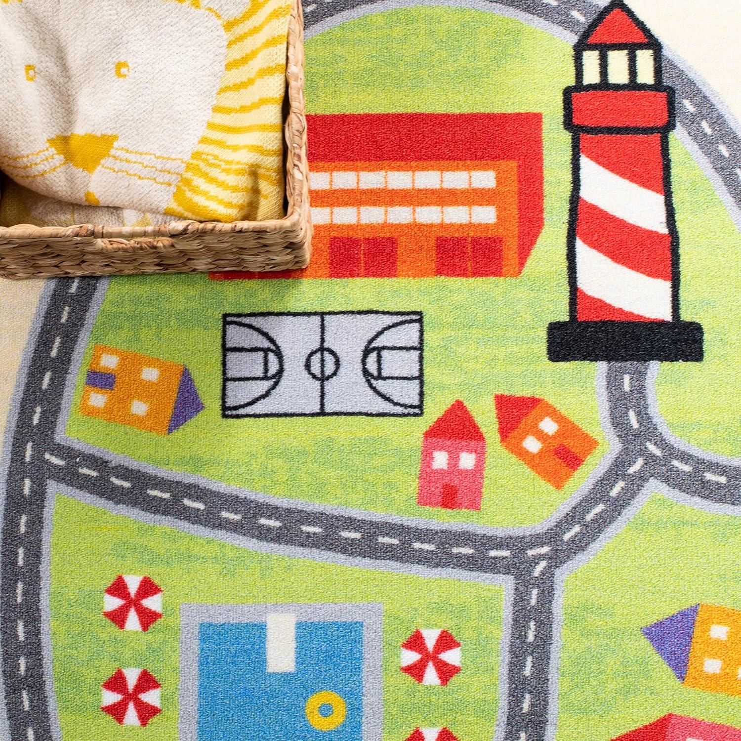 Blue Geometric Kids' Washable Non-Slip Rectangular Rug