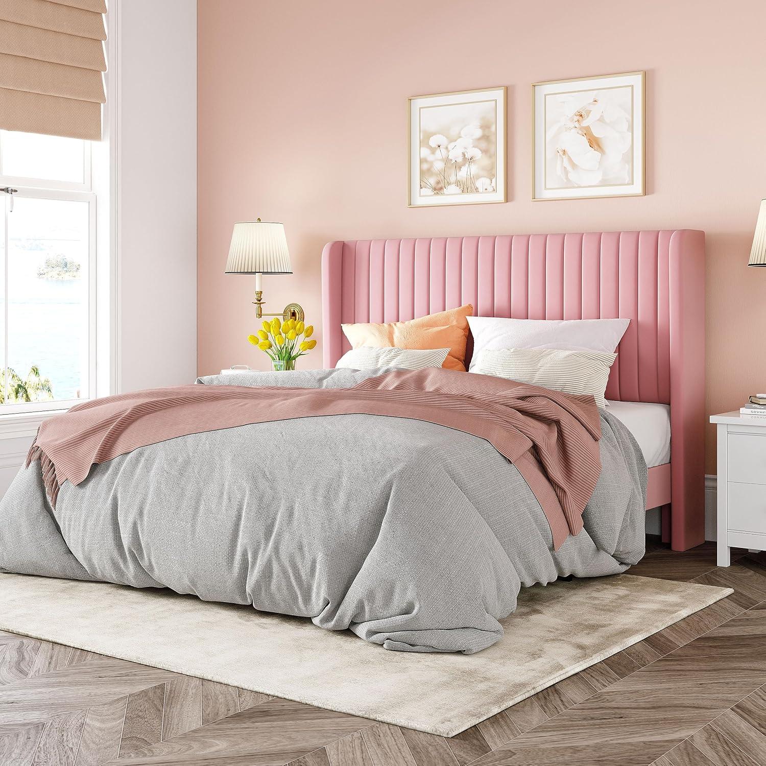 Candler Velvet Upholstered Platform Bed with Wingback Headboard and Wooden Slats