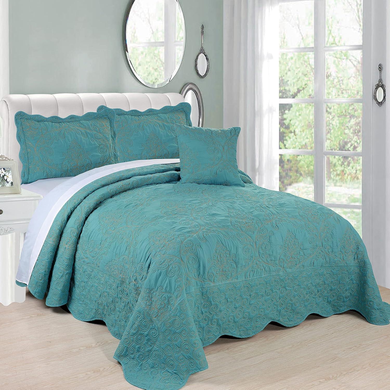 Home Soft Things 4 Piece Damask Embroidery Bedspread Set
