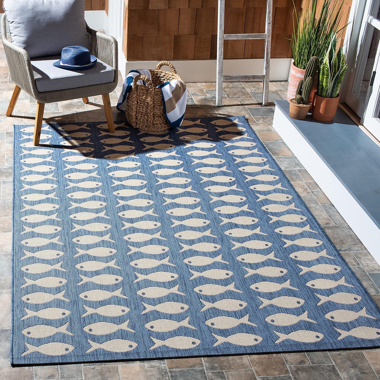 Courtyard Blue Beige 5'3" Square Synthetic Easy-Care Area Rug