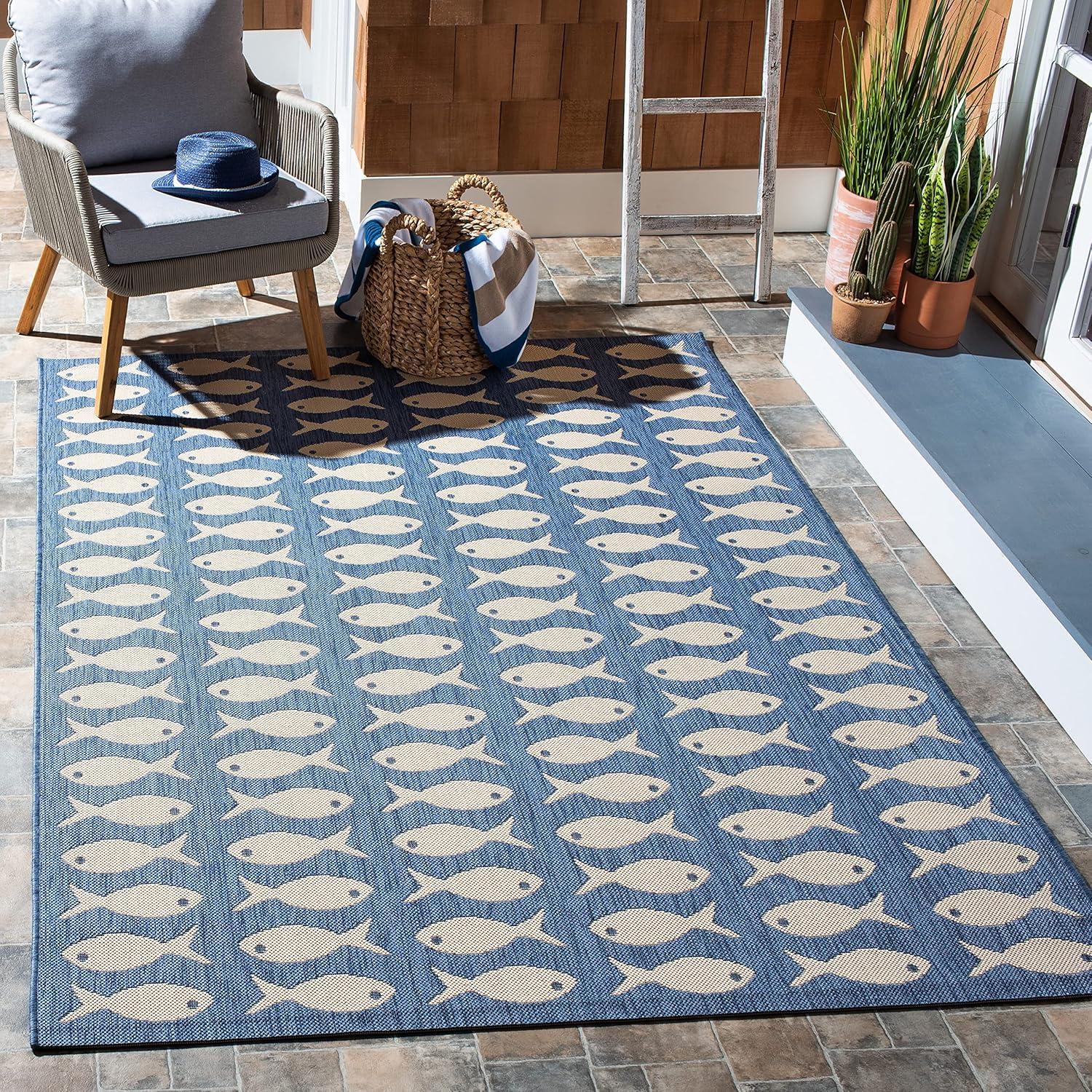 Courtyard CY6013 Power Loomed Indoor and Outdoor Area Rug - Blue/Beige - 4'x4' - Safavieh