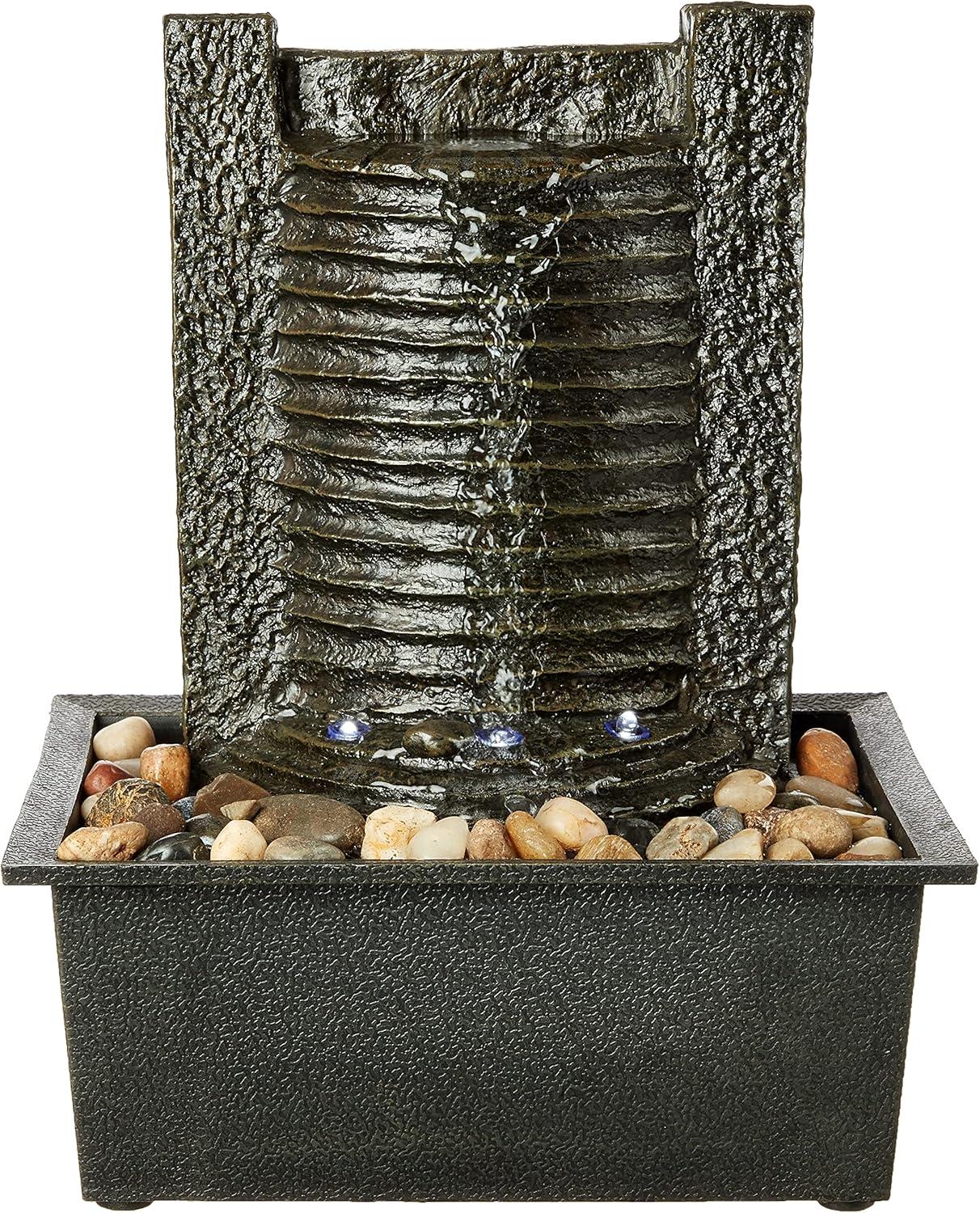 Pure Garden Tabletop Indoor Water Fountain with Stone Wall and LED Lights