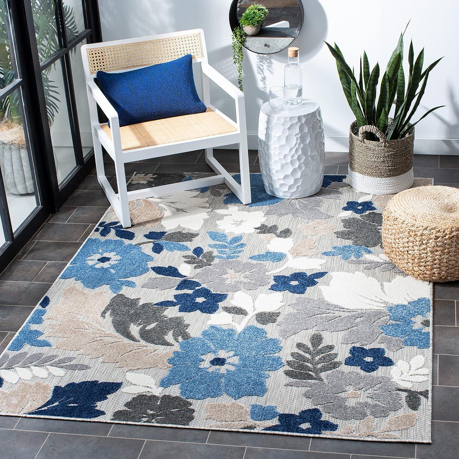 Cabana Floral Grey and Blue Square Synthetic Area Rug - 4'5" x 6'5"