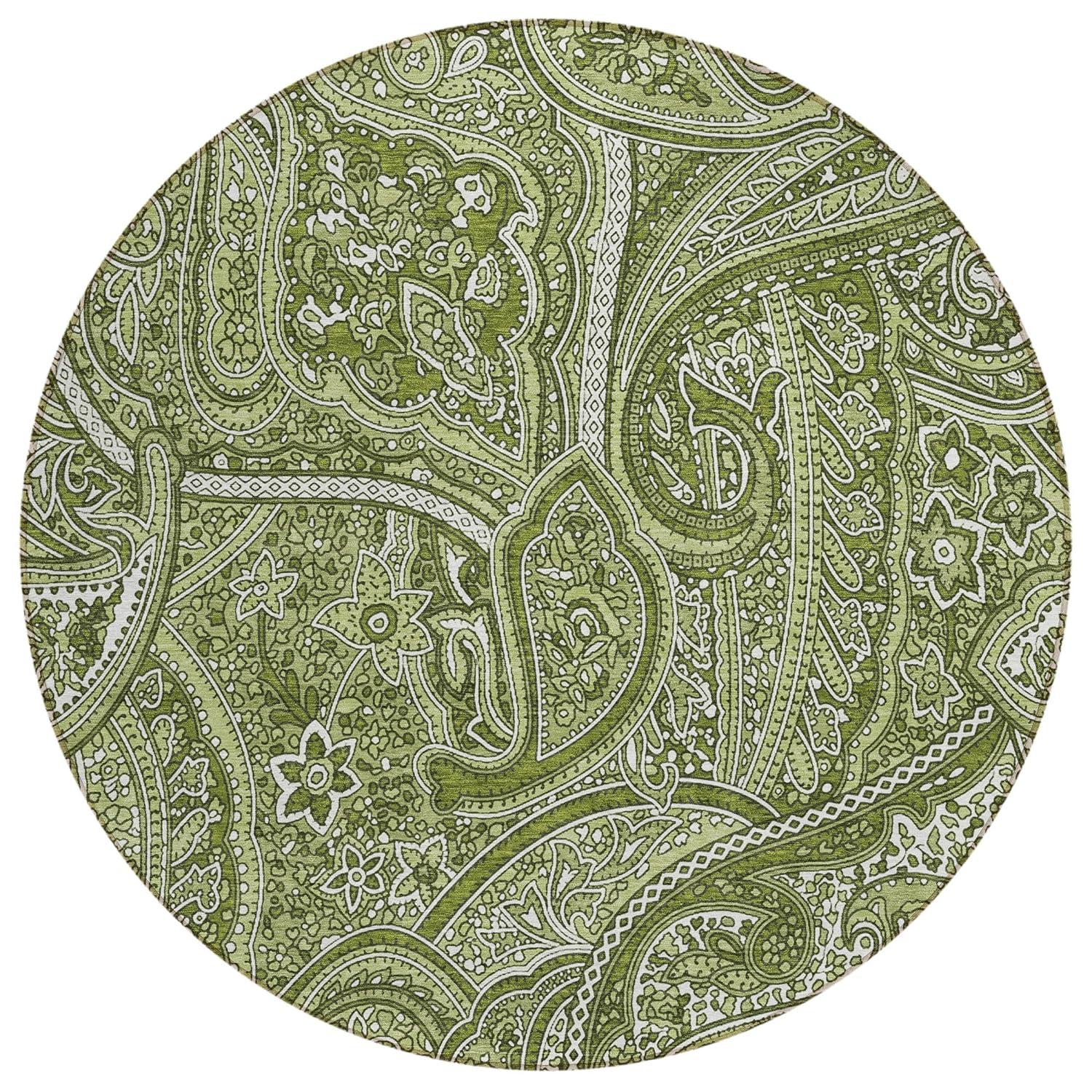 Green Paisley Pattern Round Machine Washable Area Rug