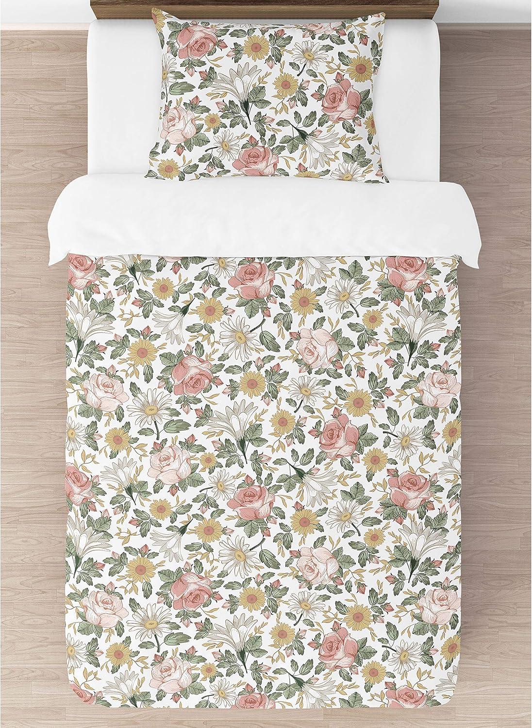 Sweet Jojo Designs Pink and Green Vintage Floral Rose Twin Bed Comforter Bedding Set