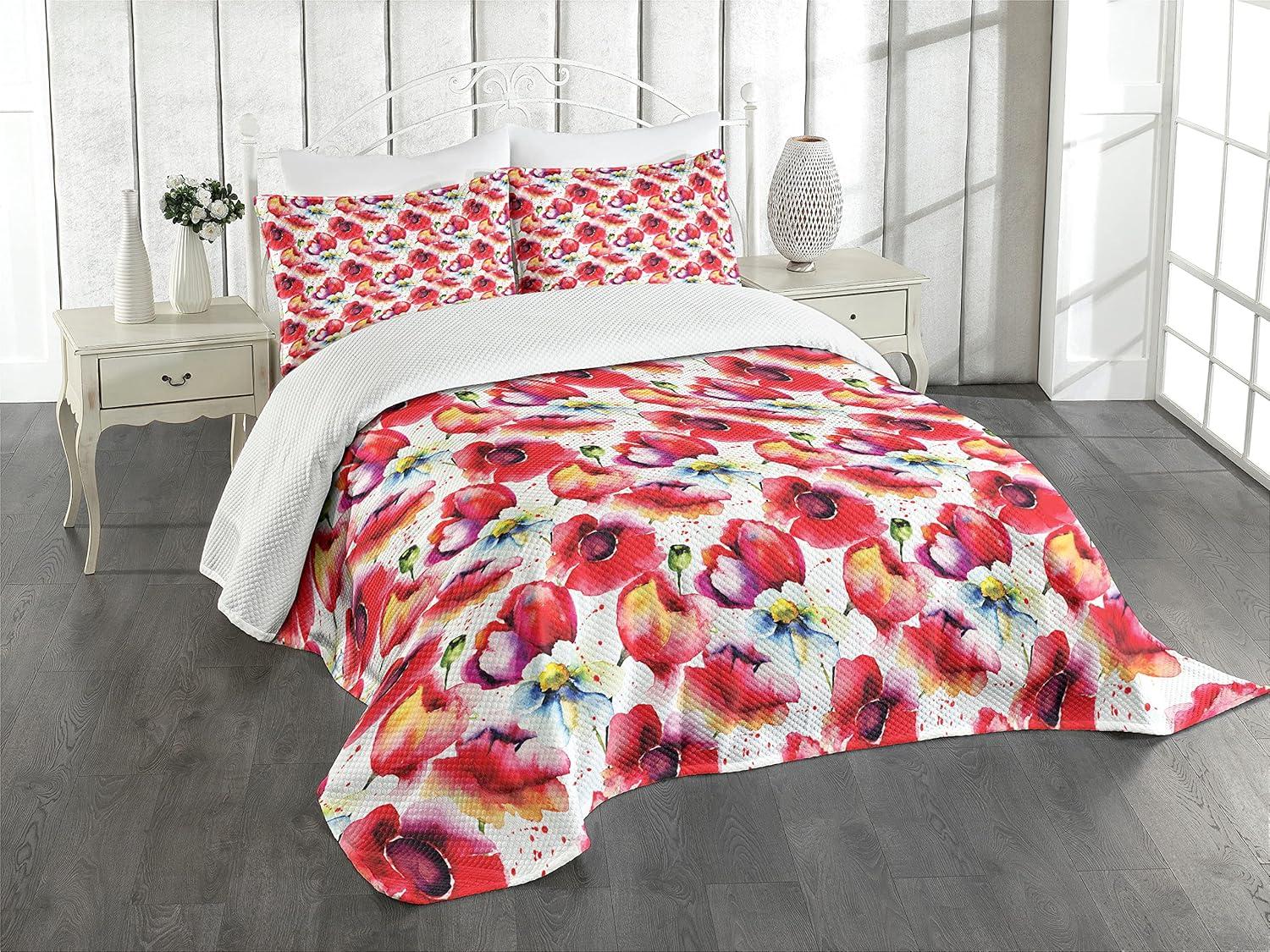 White and Red Floral Queen Polyester Bedspread Set