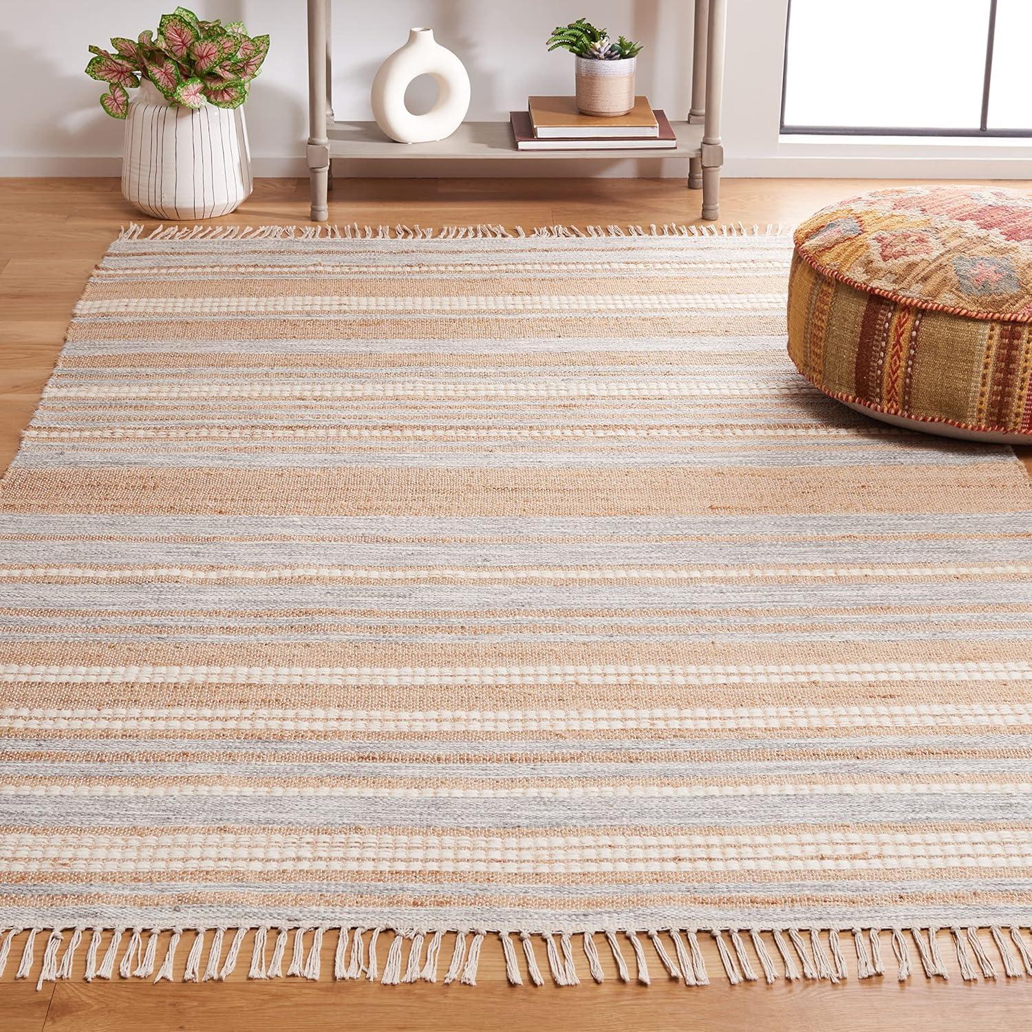 Gray and Natural 6' Square Handmade Wool and Cotton Rug