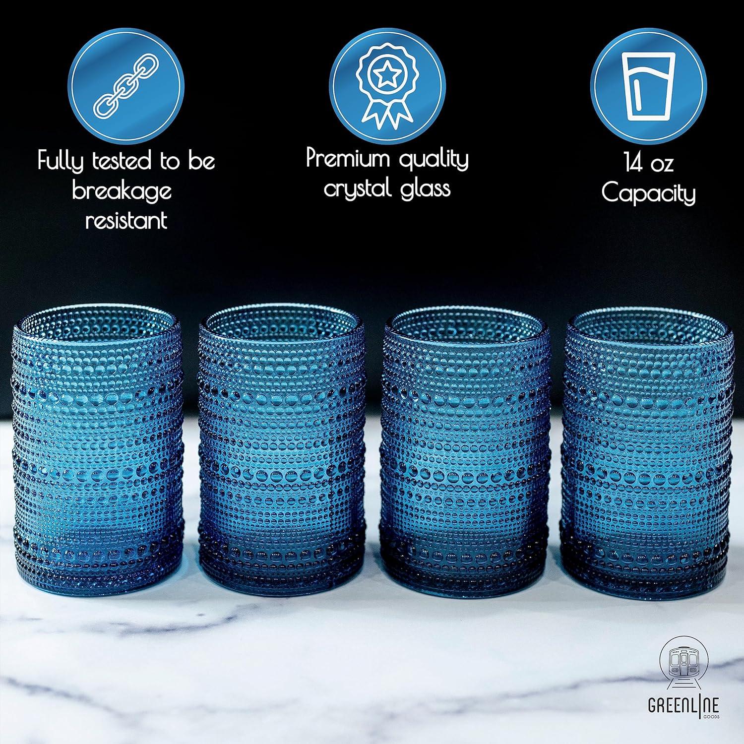 Greenline Goods Hobnail Drinking Glasses - Blue 12 oz Thick Modern Kitchen Glassware Set - Unique Vintage Bubble Cocktails Or Modern Bar - Set of 4 - Old Fashioned Beverage Glasses For Tabletop