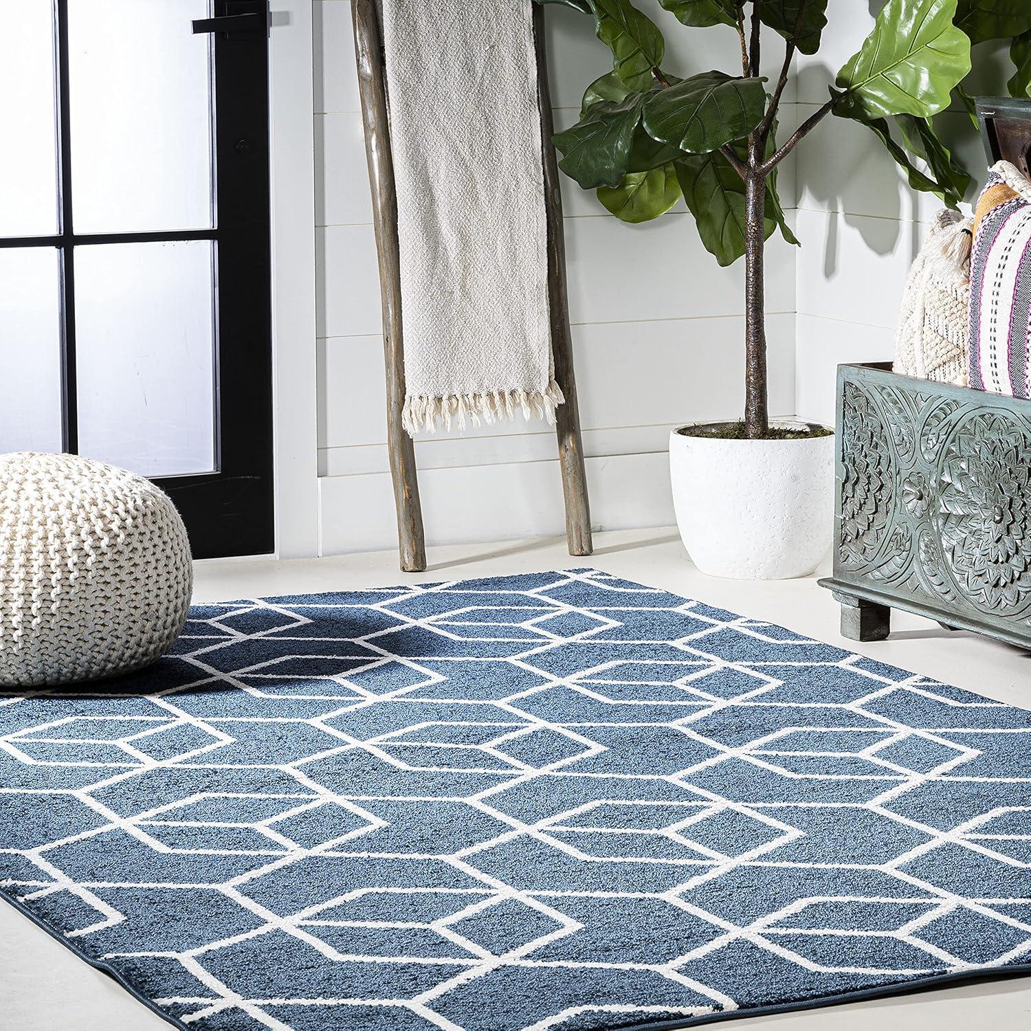 3'x5' Tumbling Blocks Modern Geometric Area Rug, Navy/White - JONATHAN Y