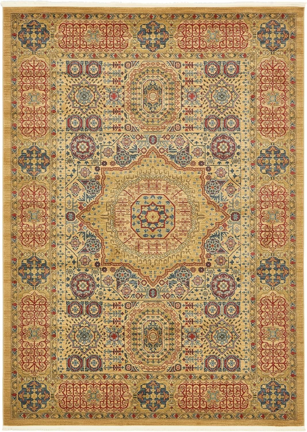 Beige and Multicolor Rectangular Synthetic 8' x 10' Area Rug