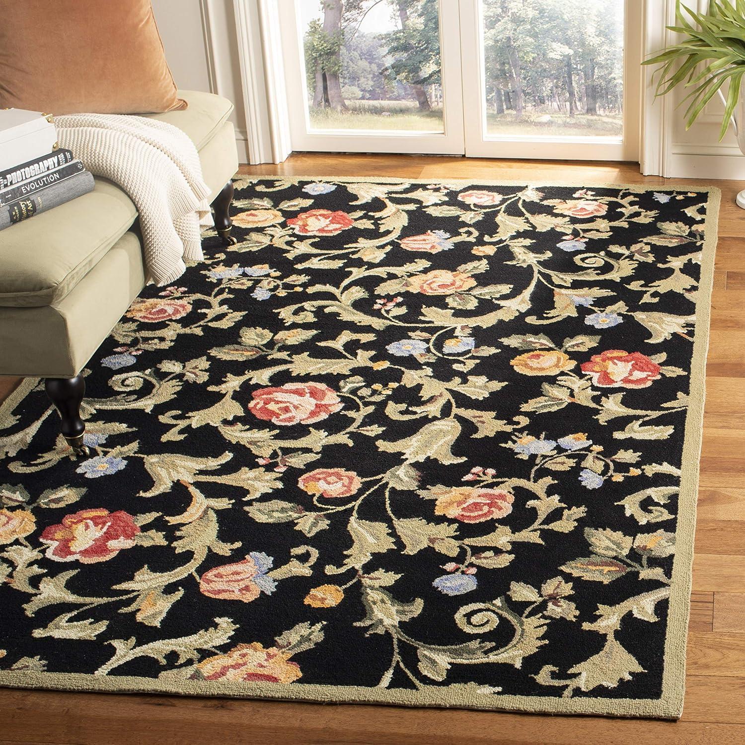 Black Floral Hand-Knotted Wool Area Rug, 3'9" x 5'9"