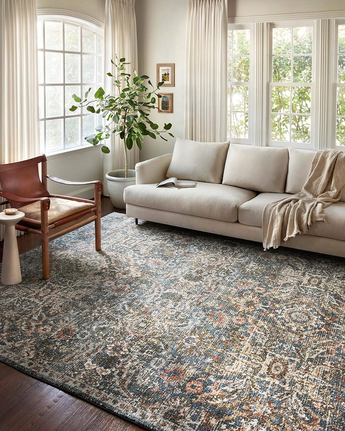 Saban Round Blue and Sand Stain-Resistant Area Rug