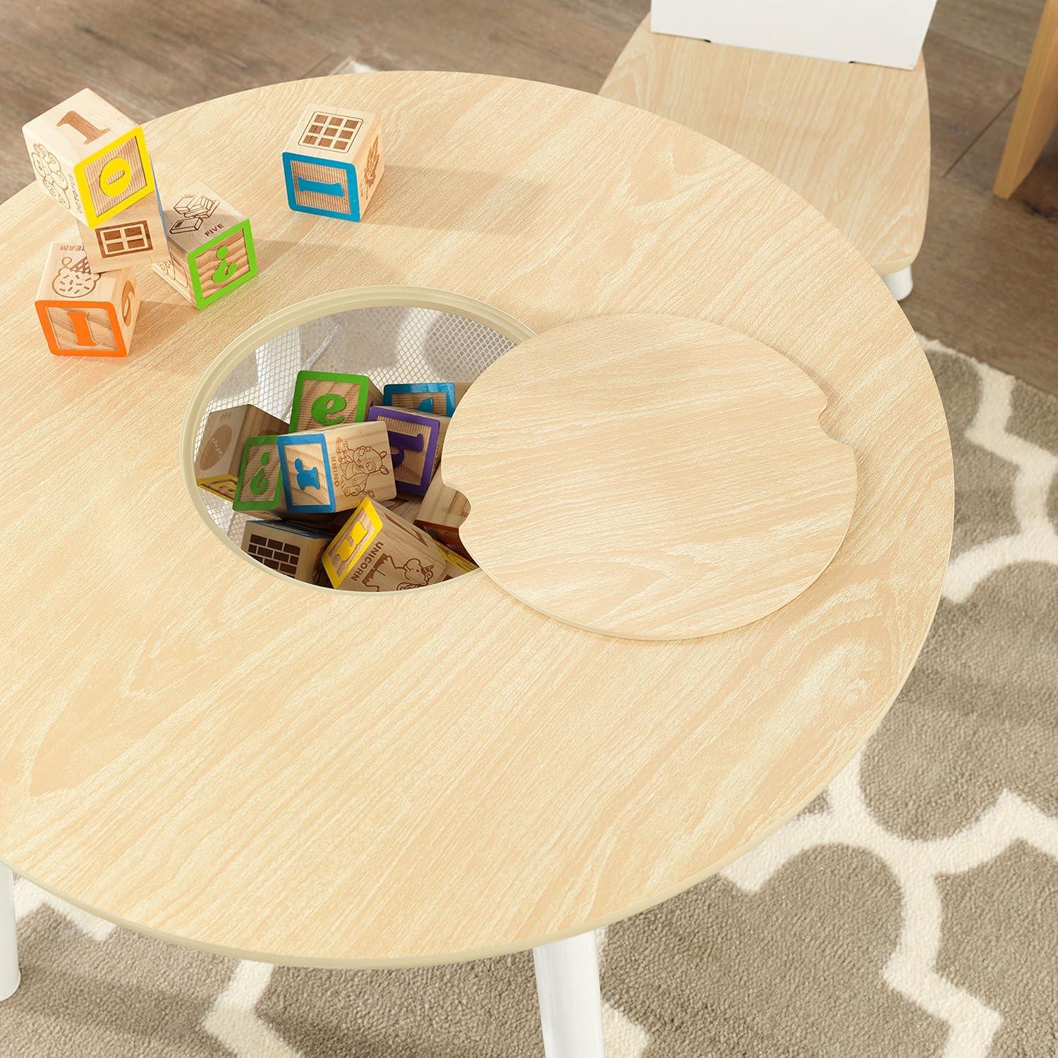 KidKraft Wooden Kids Round Storage Table & 2 Chair Set, Natural & White