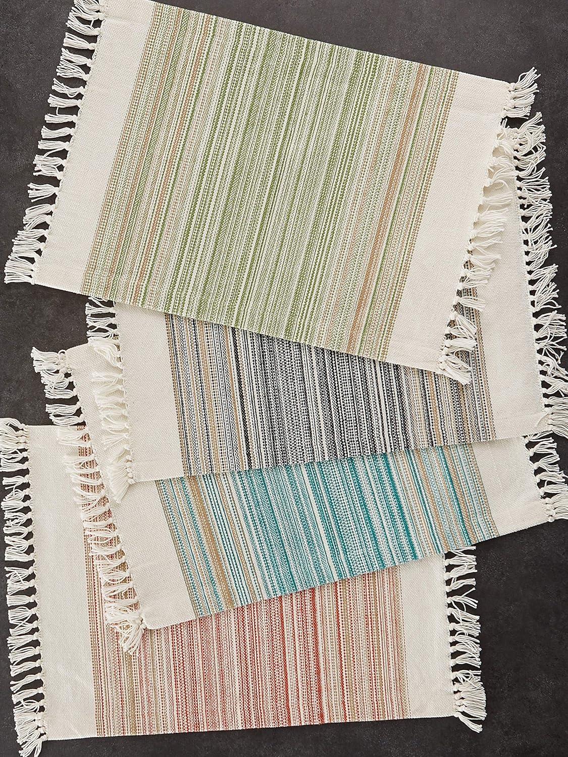 6pk Cotton Pimento Striped Placemats with Fringe - Design Imports: Washable Kitchen & Dining Table Decor, Rectangle, 13"x11"