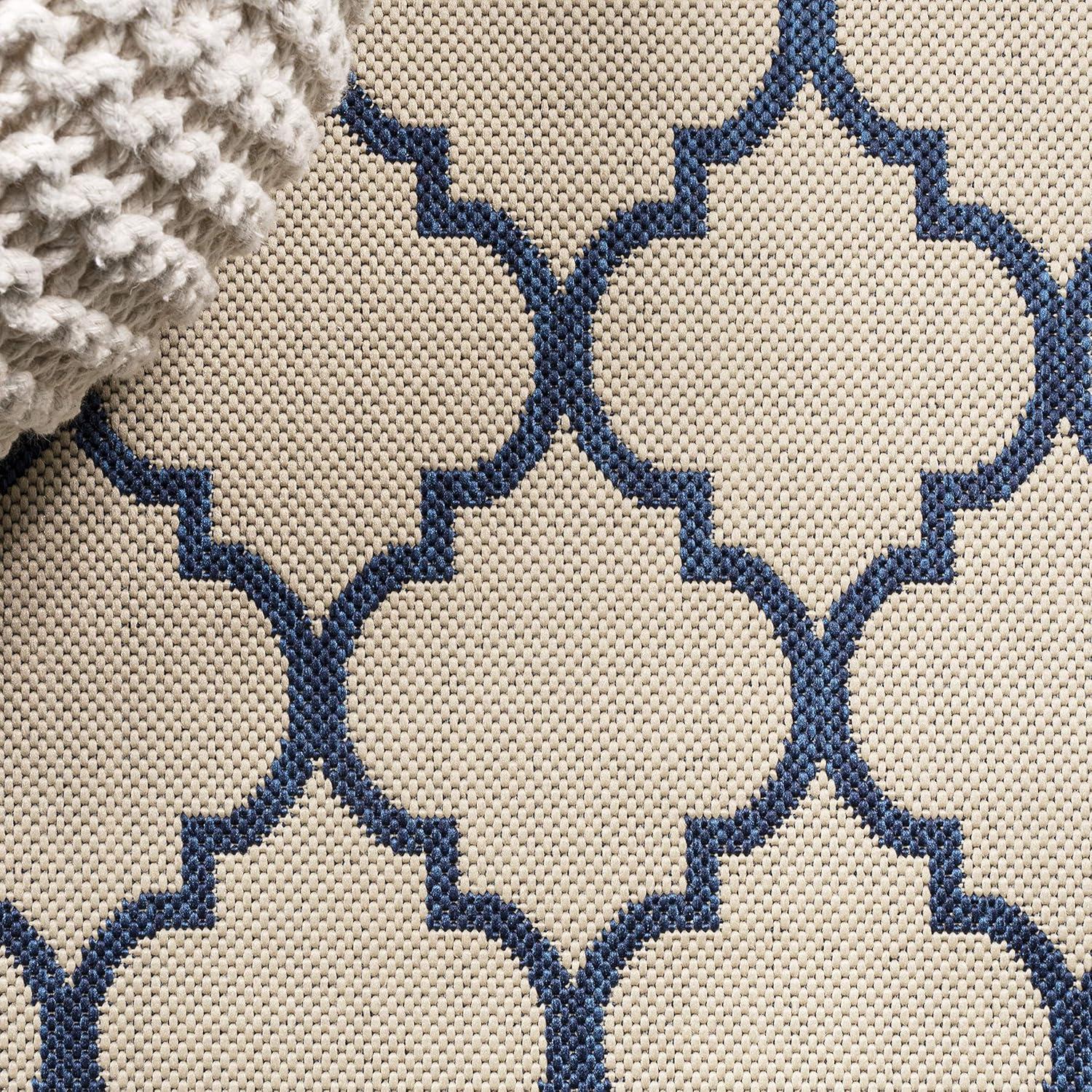 Arabesque Ogee Trellis Beige/Navy 2 ft. x 8 ft. Indoor/Outdoor Runner Rug
