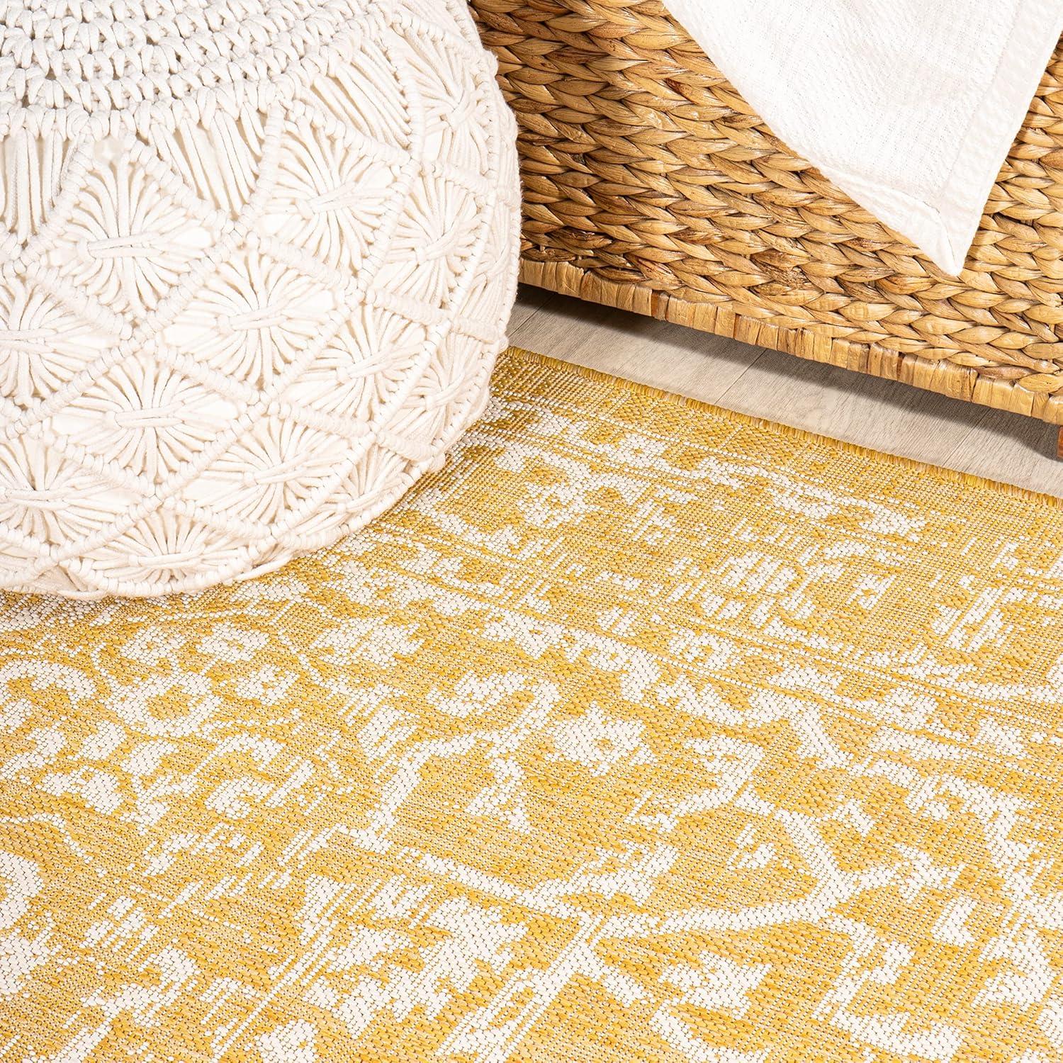 5' x 5' Malta Bohemian Inspired Medallion Textured Weave Indoor/Outdoor Area Rug, Yellow/Cream - JONATHAN Y