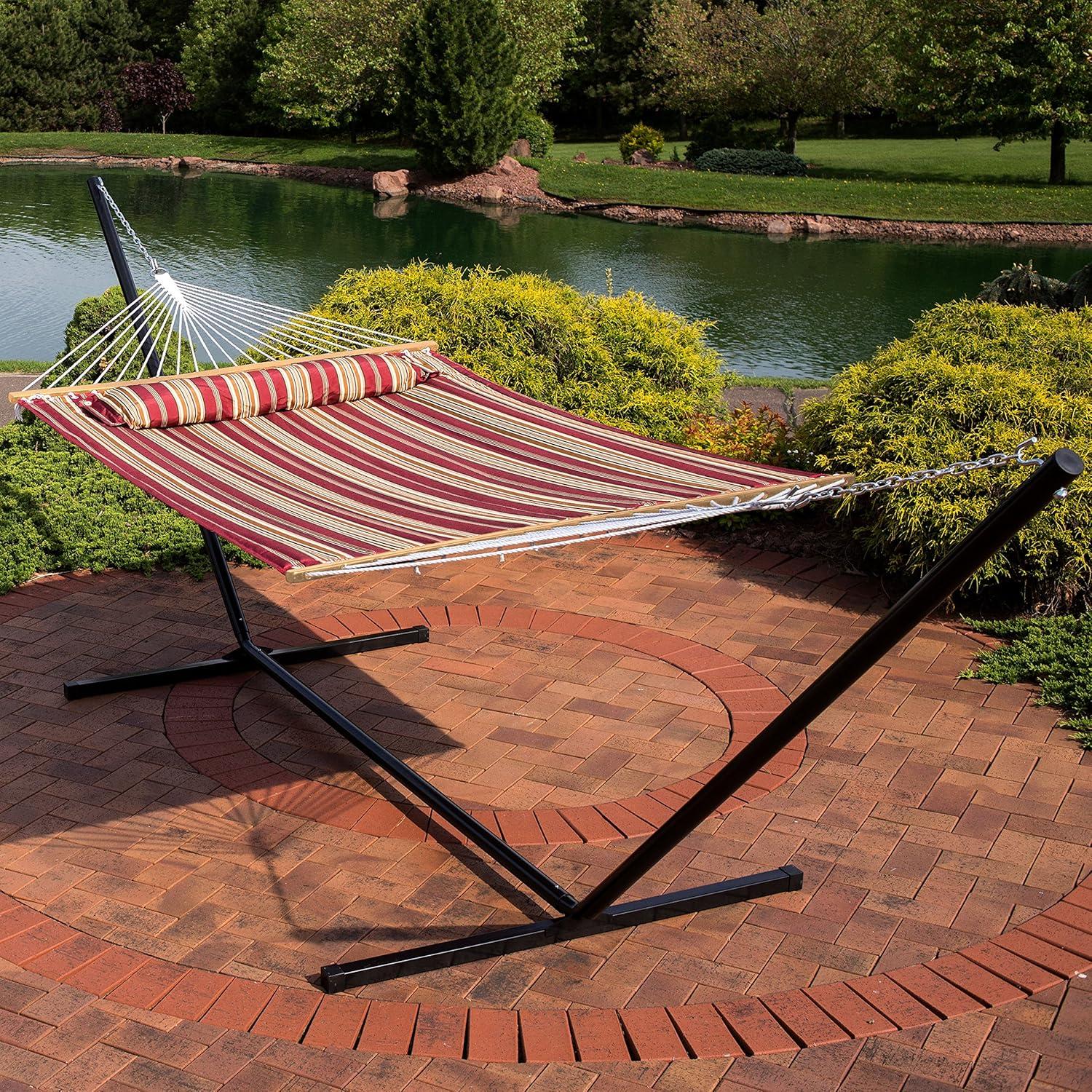 Sunnydaze 2-Person Freestanding Quilted Fabric Spreader Bar Hammock with Detachable Pillow and Stand - 400 lb Weight Capacity/15' Stand - Red Stripe