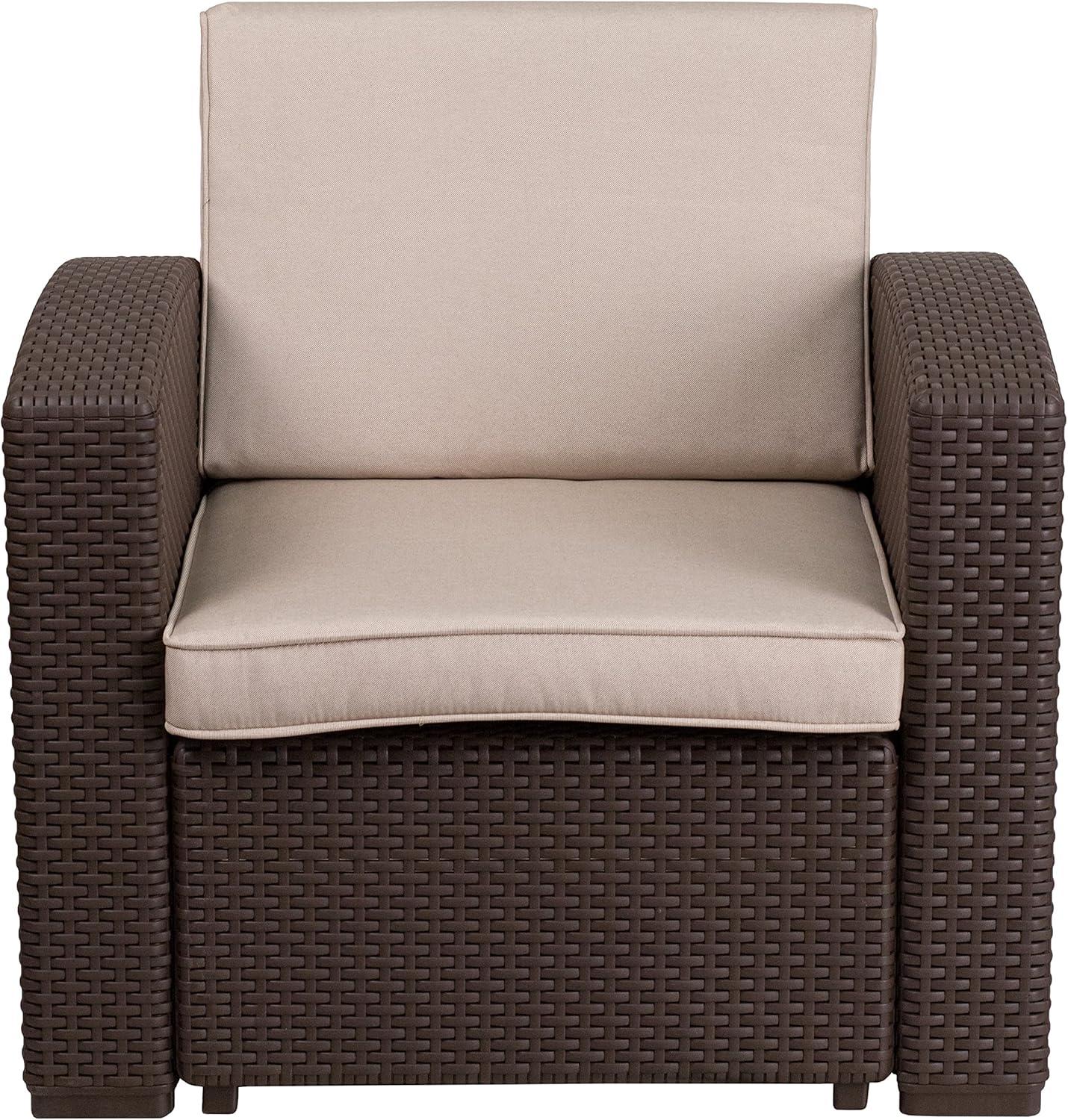 Flash Furniture Chocolate Brown Faux Rattan Chair with All-Weather Beige Cushion