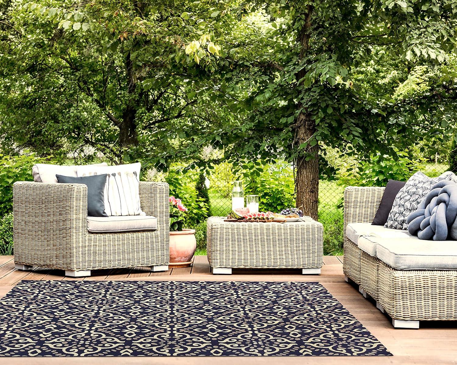 Gertmenian 21571 Outdoor Rug Freedom Collection Nautical Themed Smart Care Deck Patio Carpet 8x10 Large, Floral Medallion Navy Blue