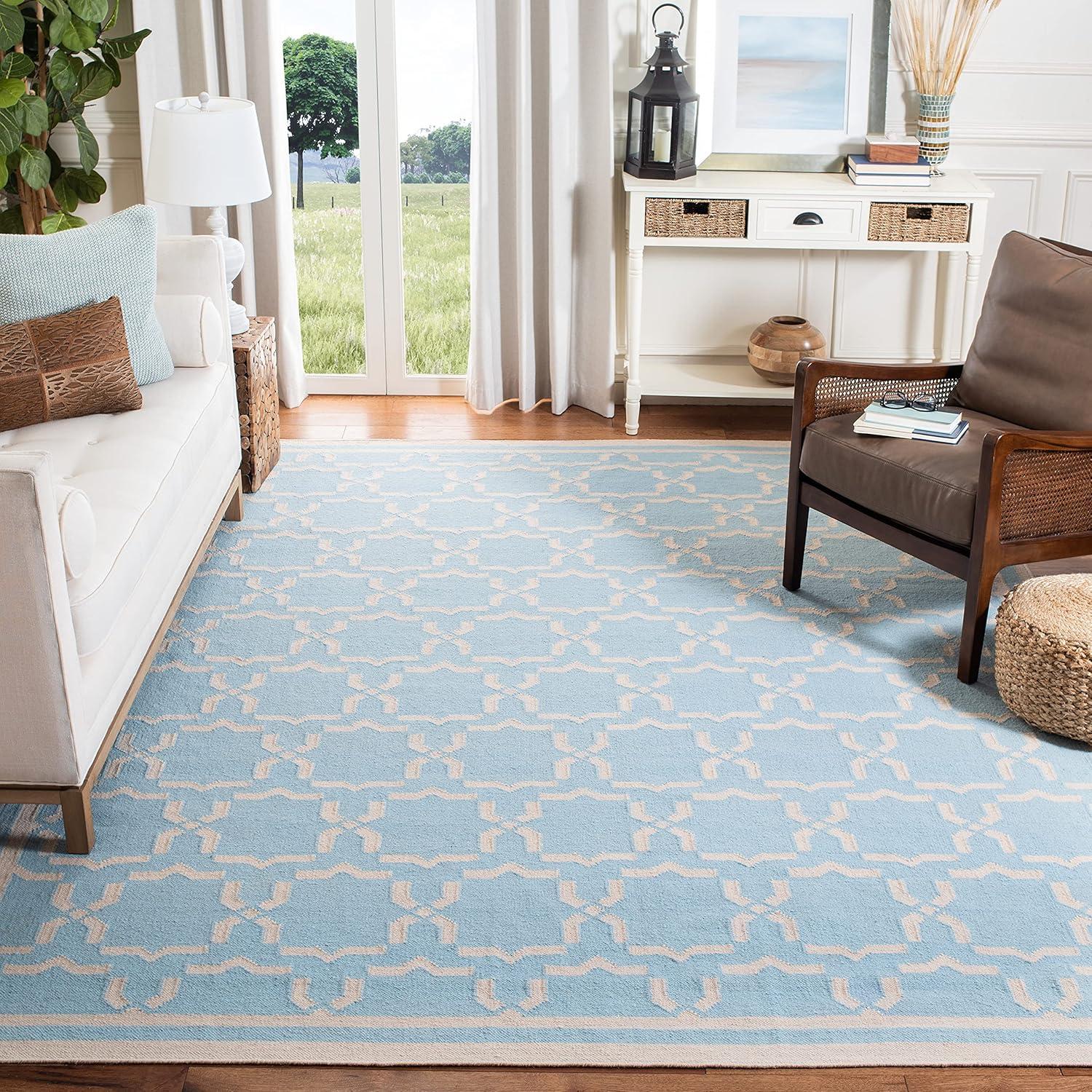 SAFAVIEH Dhurrie Myles Geometric Moroccan Wool Area Rug, Light Blue/Ivory, 3' x 5'