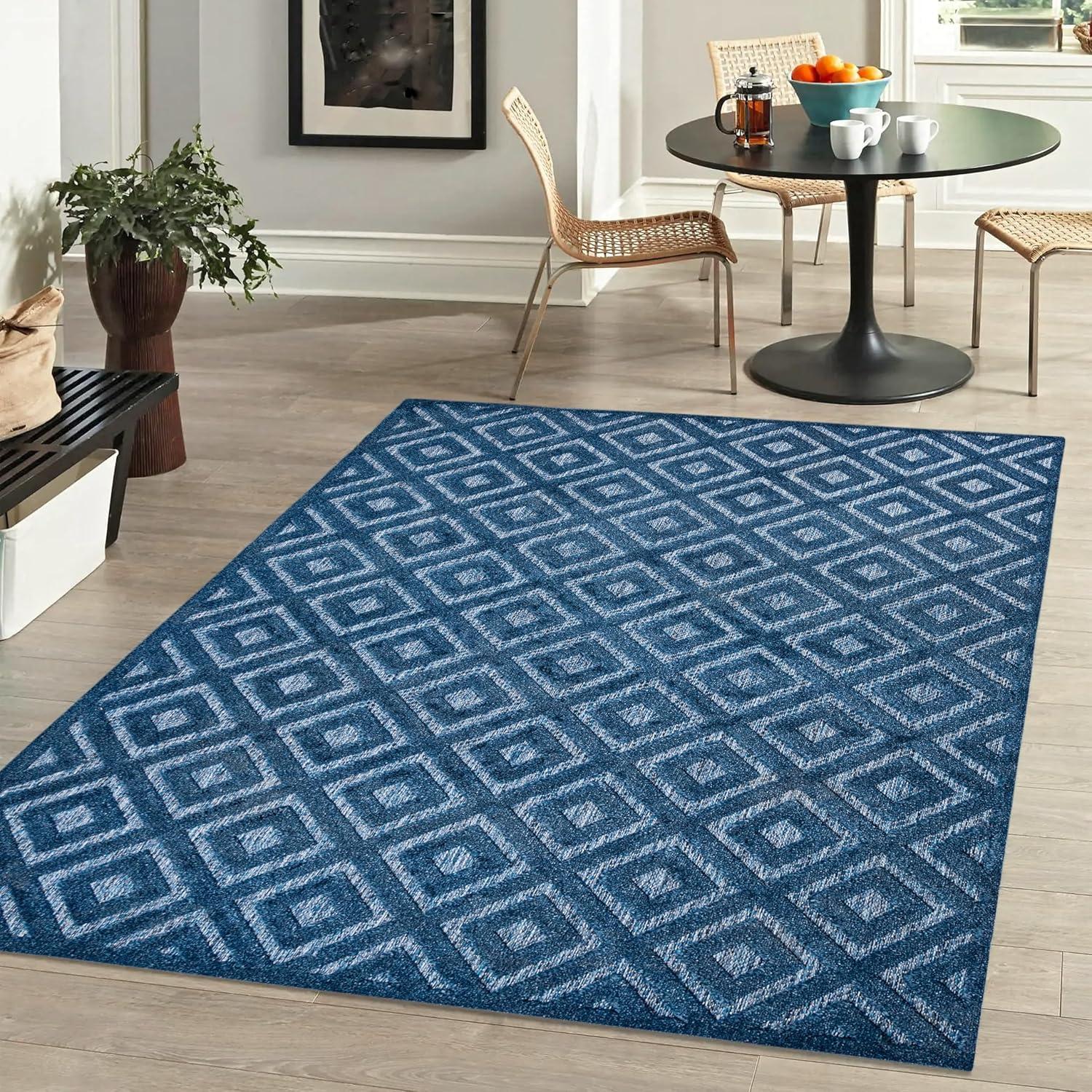 5'x8' Portmany Neutral Diamond Trellis Indoor/Outdoor Area Rug, Navy - JONATHAN Y