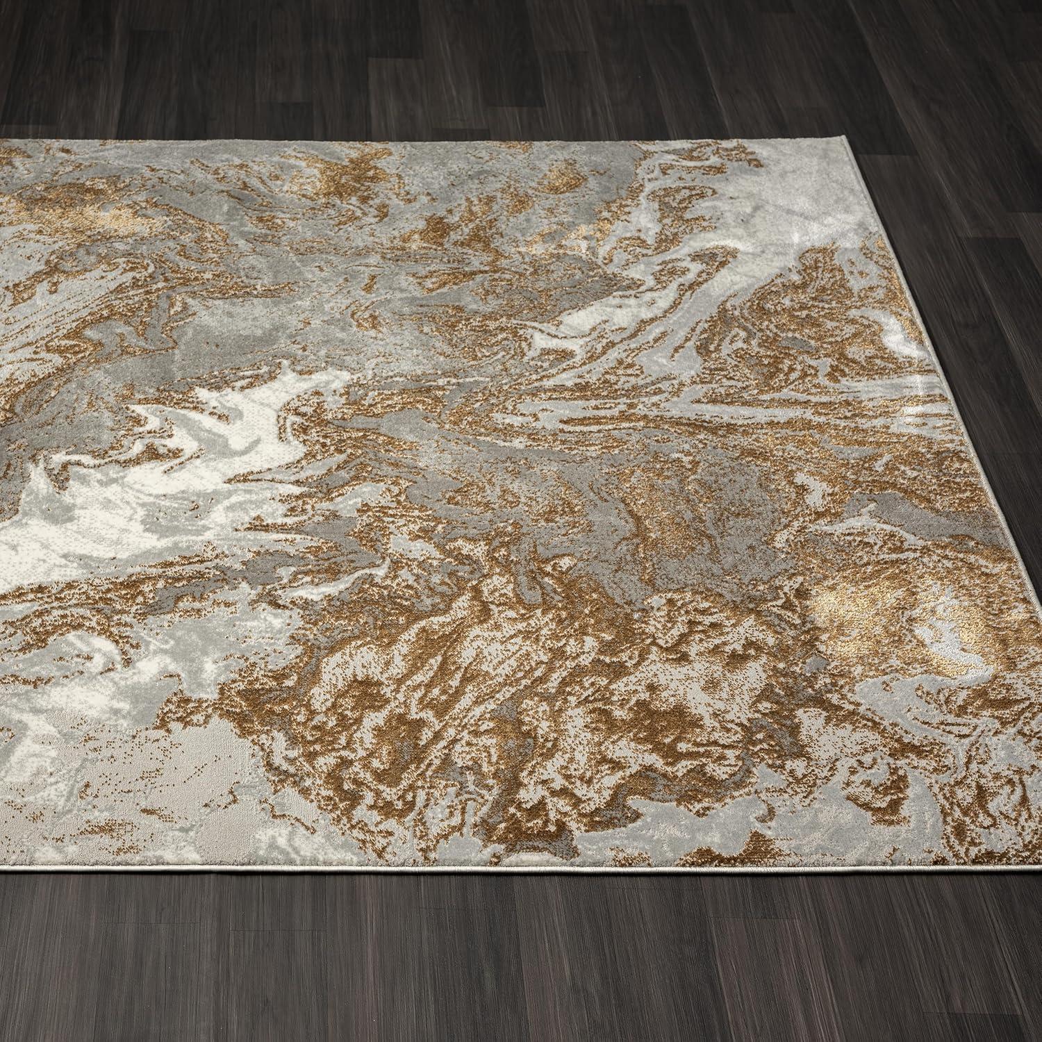 Gray and Gold Abstract Marble Swirl 8' x 10' Area Rug