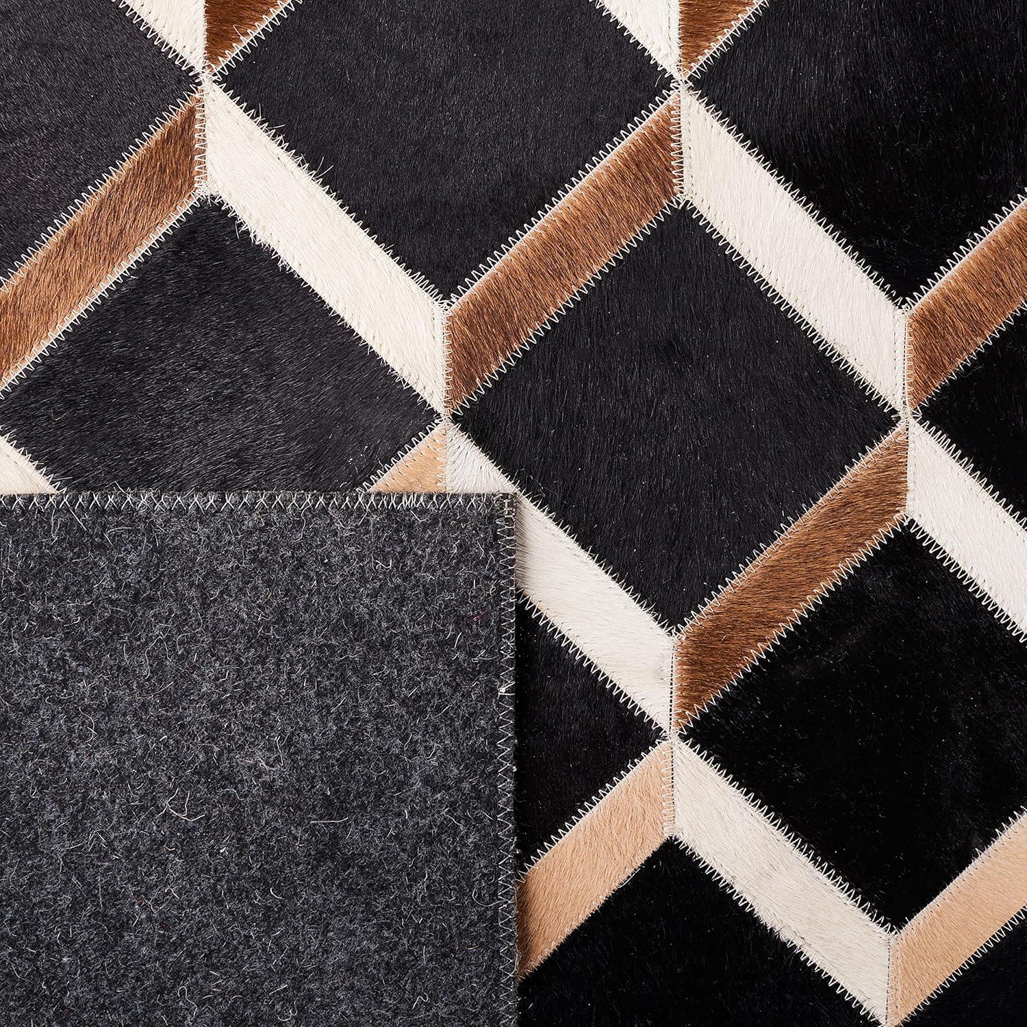 Contemporary Geometric Hand-Knotted Black and Brown Wool & Cowhide Rug - 3' x 5'