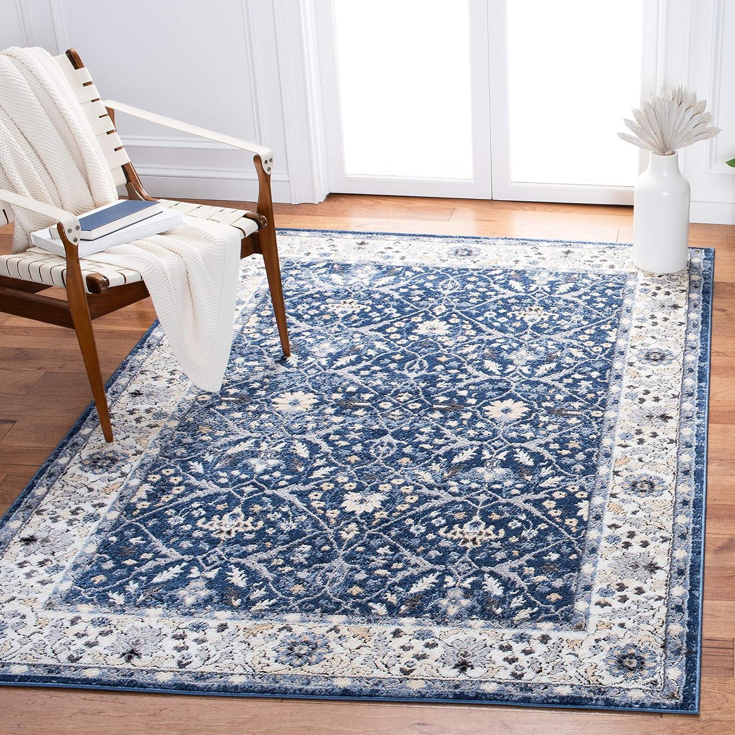 Navy and Ivory Floral Synthetic Area Rug, 8' x 10'