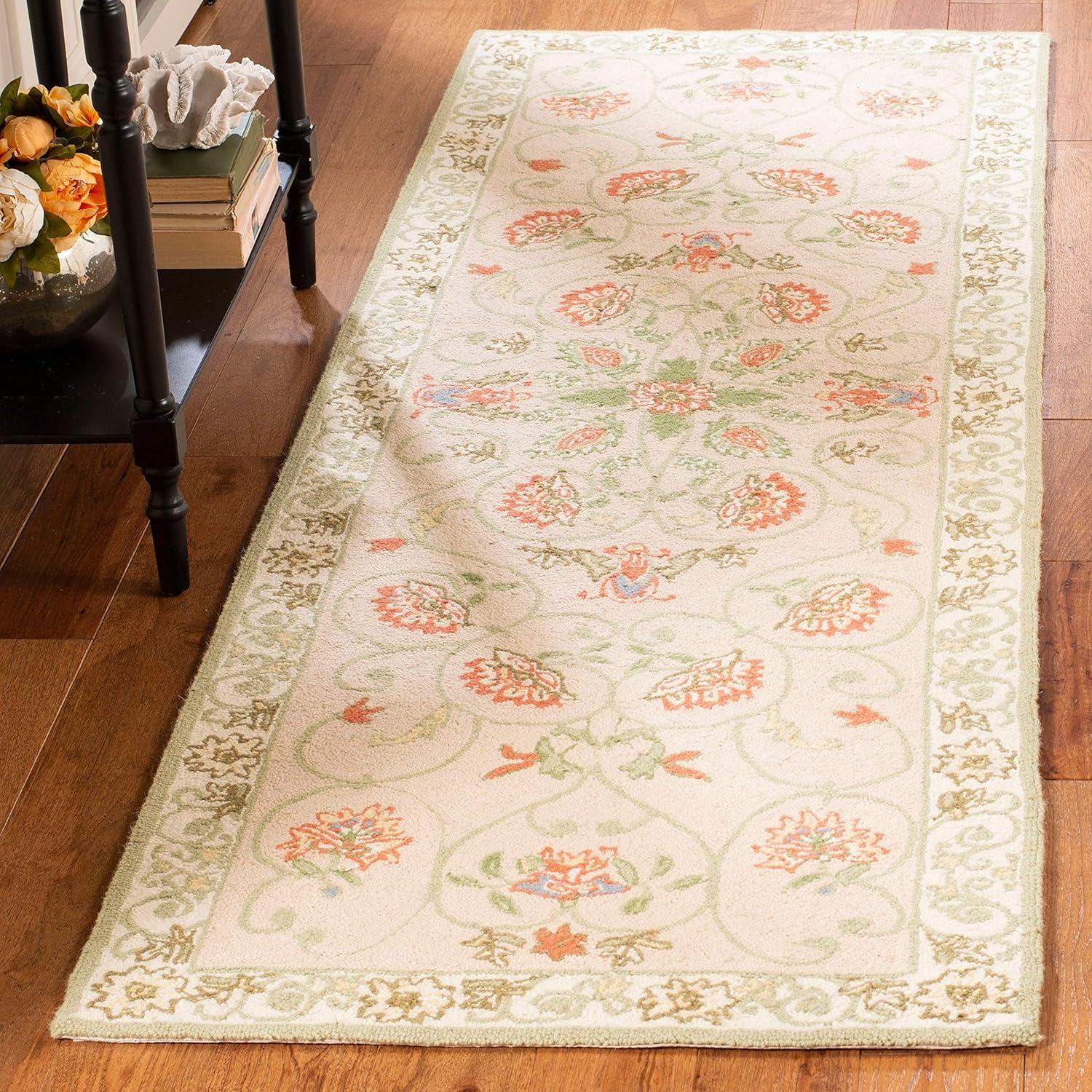 Beige and Green Hand-Hooked Wool Floral Area Rug