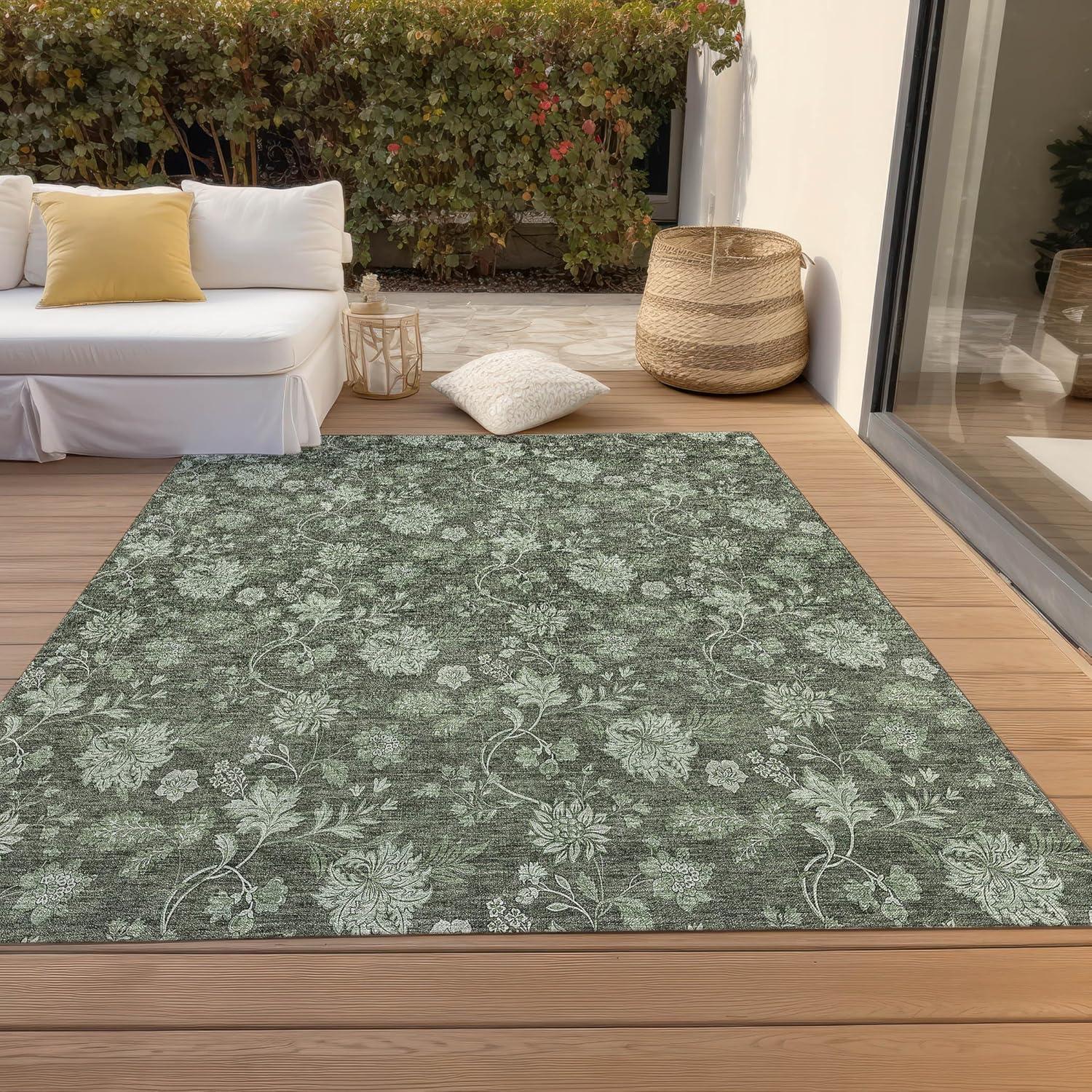 Olive Floral Pattern Indoor Outdoor Area Rug 2'6" x 3'10"