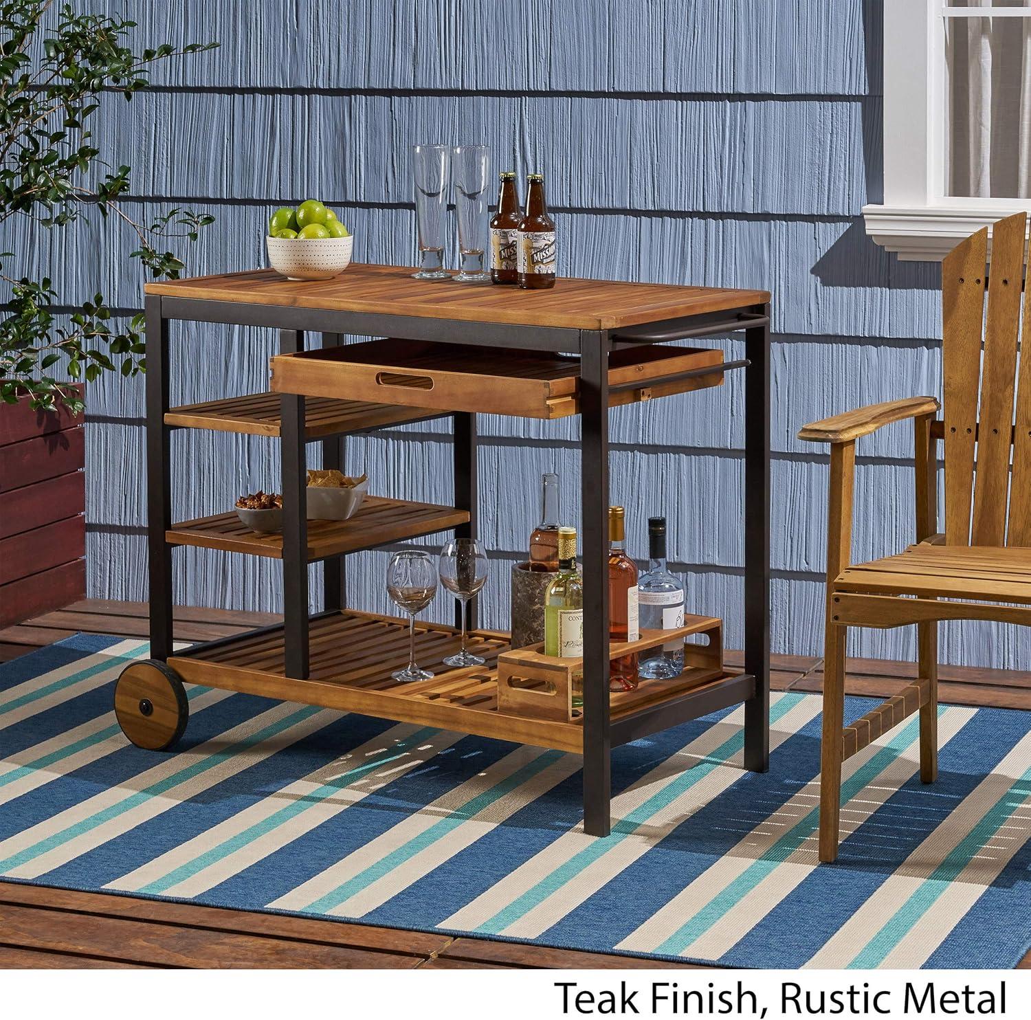 Ishtar Outdoor Acacia Wood Bar Cart with Reversible Drawers and Wine Bottle Holders, Teak Finish