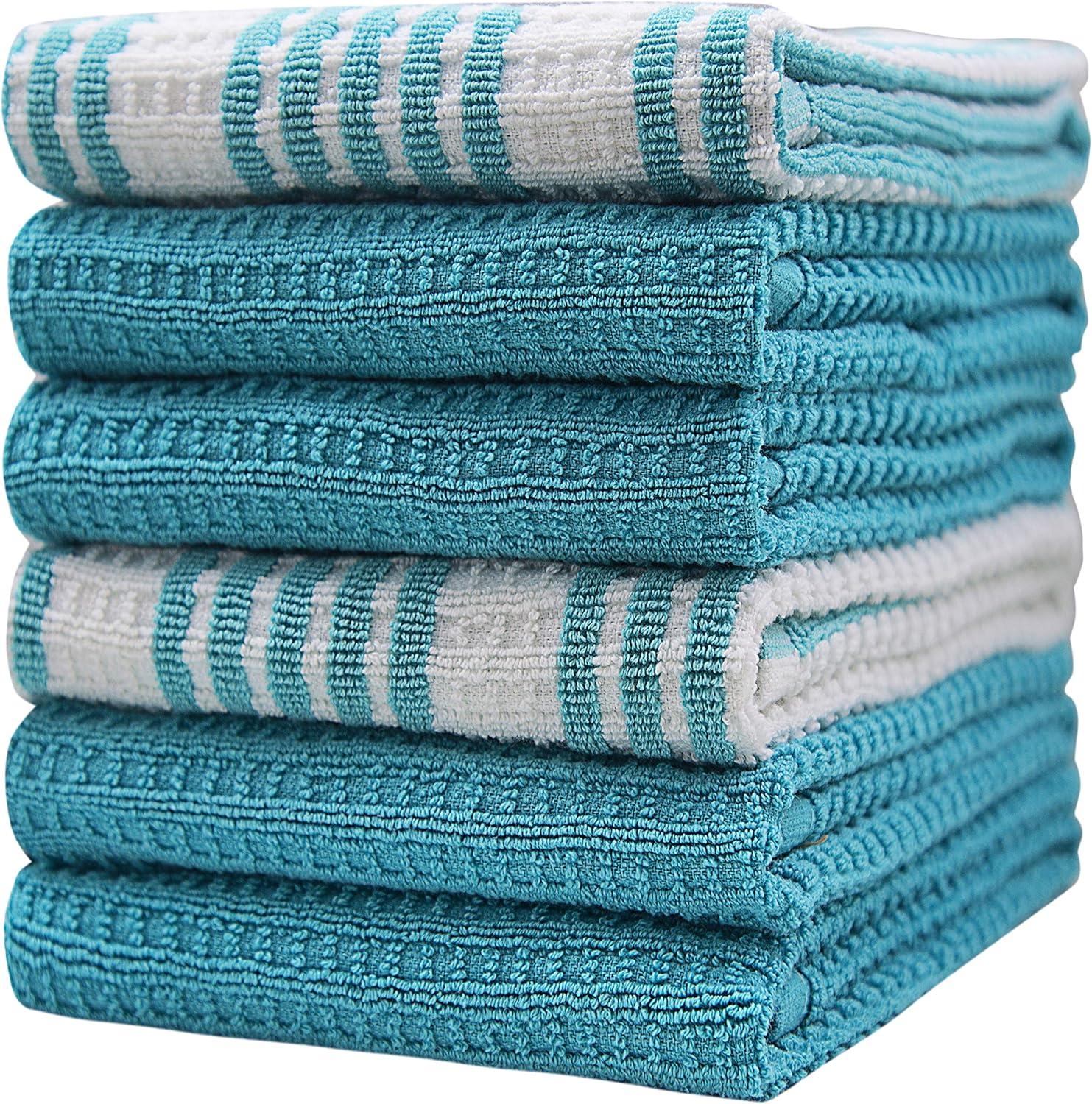 Aqua Striped Waffle Cotton Kitchen Towel Set, 16” x 28”