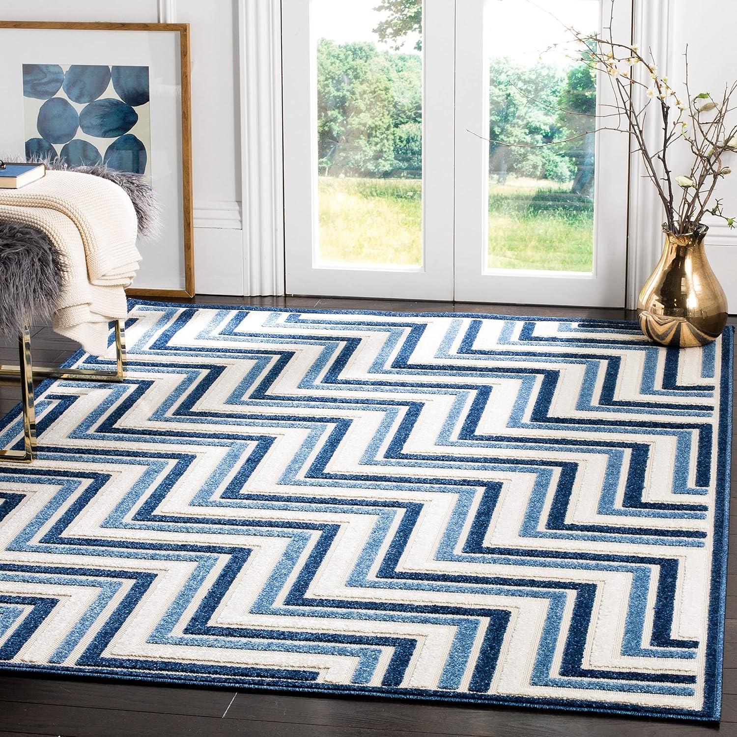 Blue and Cream Geometric Indoor/Outdoor Area Rug, 8' x 11'2"